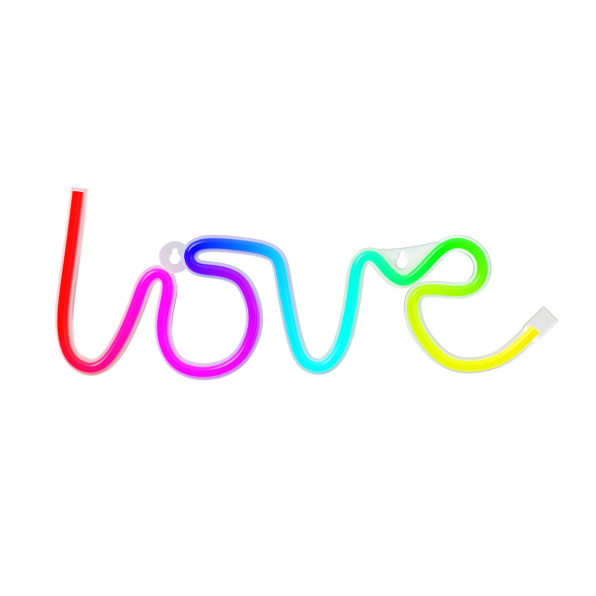 Un letrero de neón que dice 'love' en letras coloridas. Está sobre un fondo blanco, en cursiva.