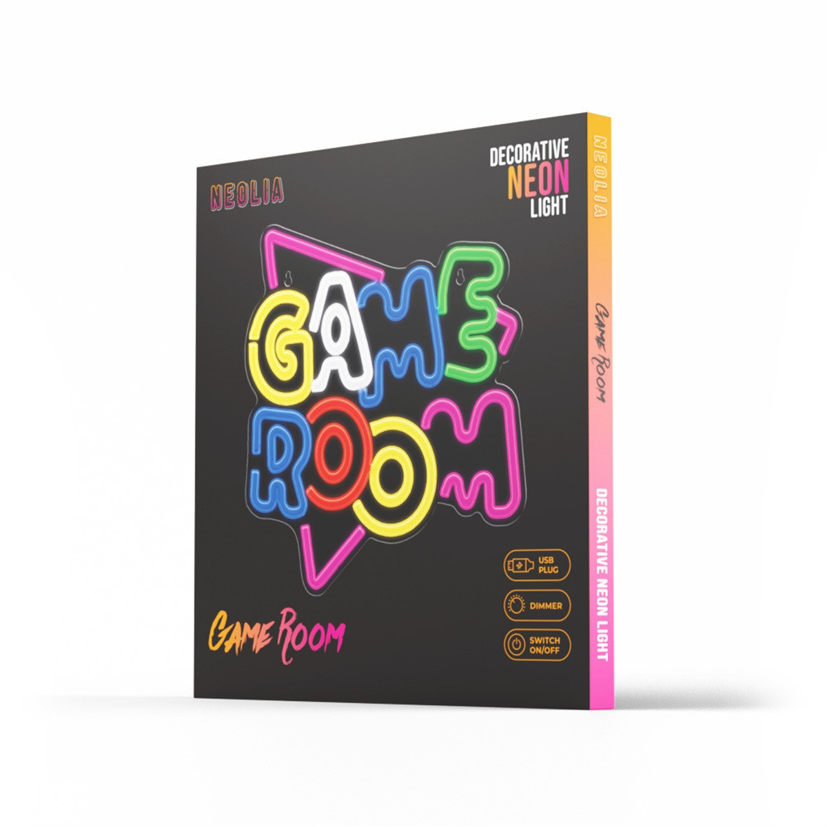 Luz de neón decorativa en caja, etiquetada como "Game Room". Luces de neón rosas y amarillas sobre fondo negro.