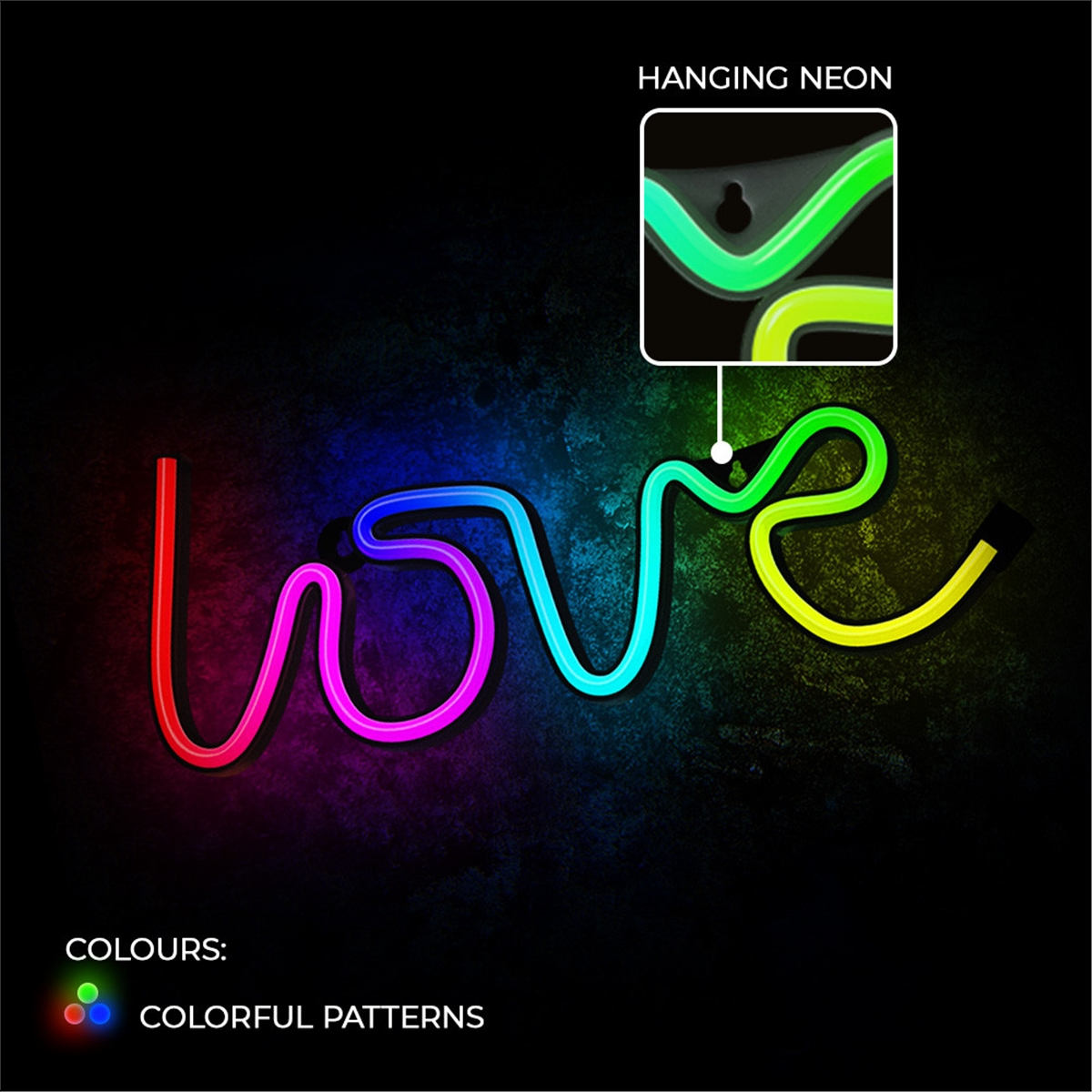 Letrero de neón que dice 'amor' en luces multicolores sobre un fondo oscuro.