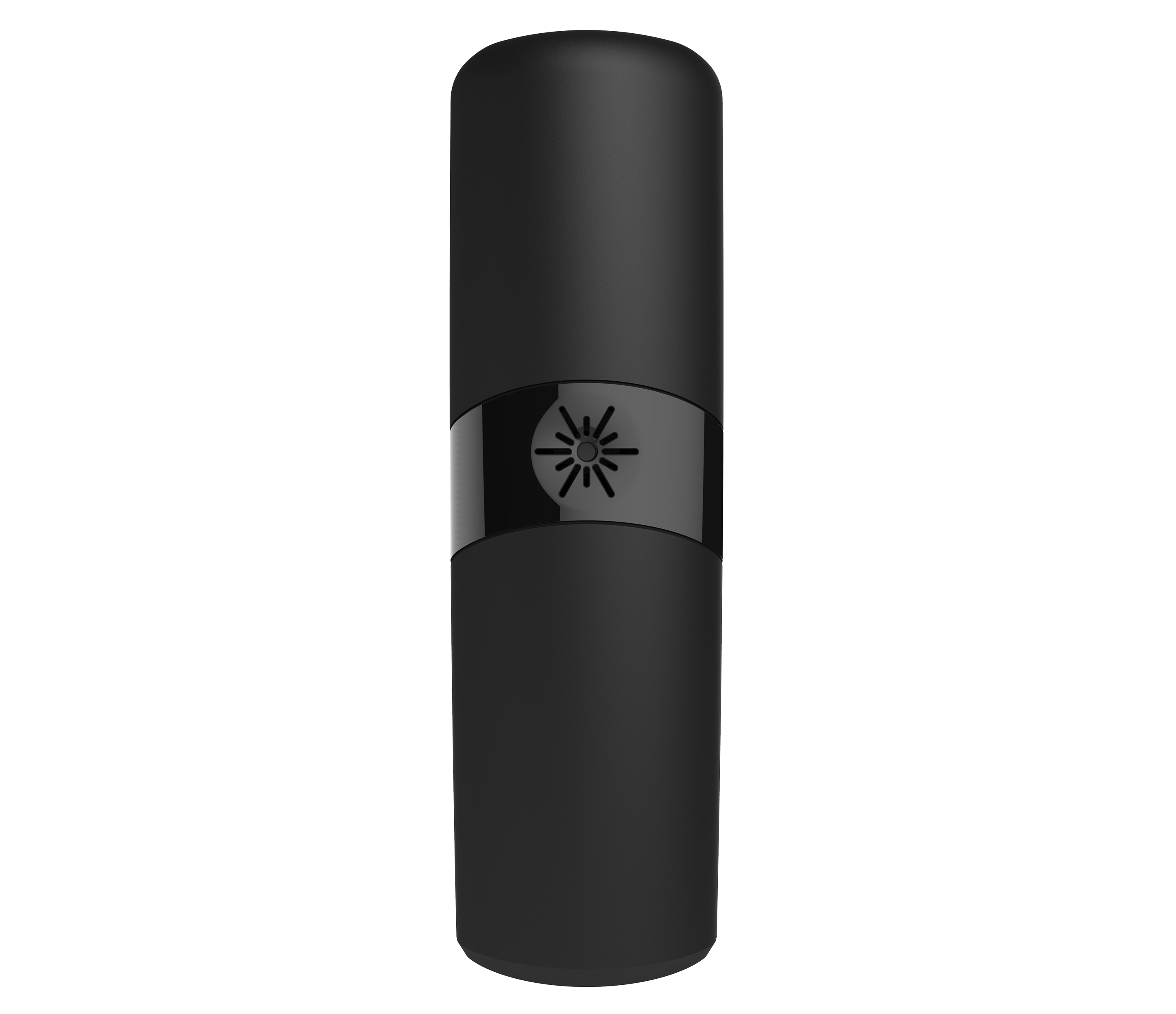Un dispositivo cilíndrico negro con una banda plateada oscura, fondo negro.
