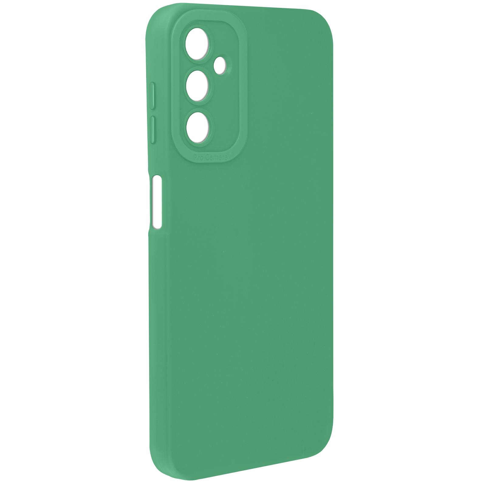 Custodia verde per telefono con ritagli per fotocamera, su sfondo bianco. La custodia è liscia.