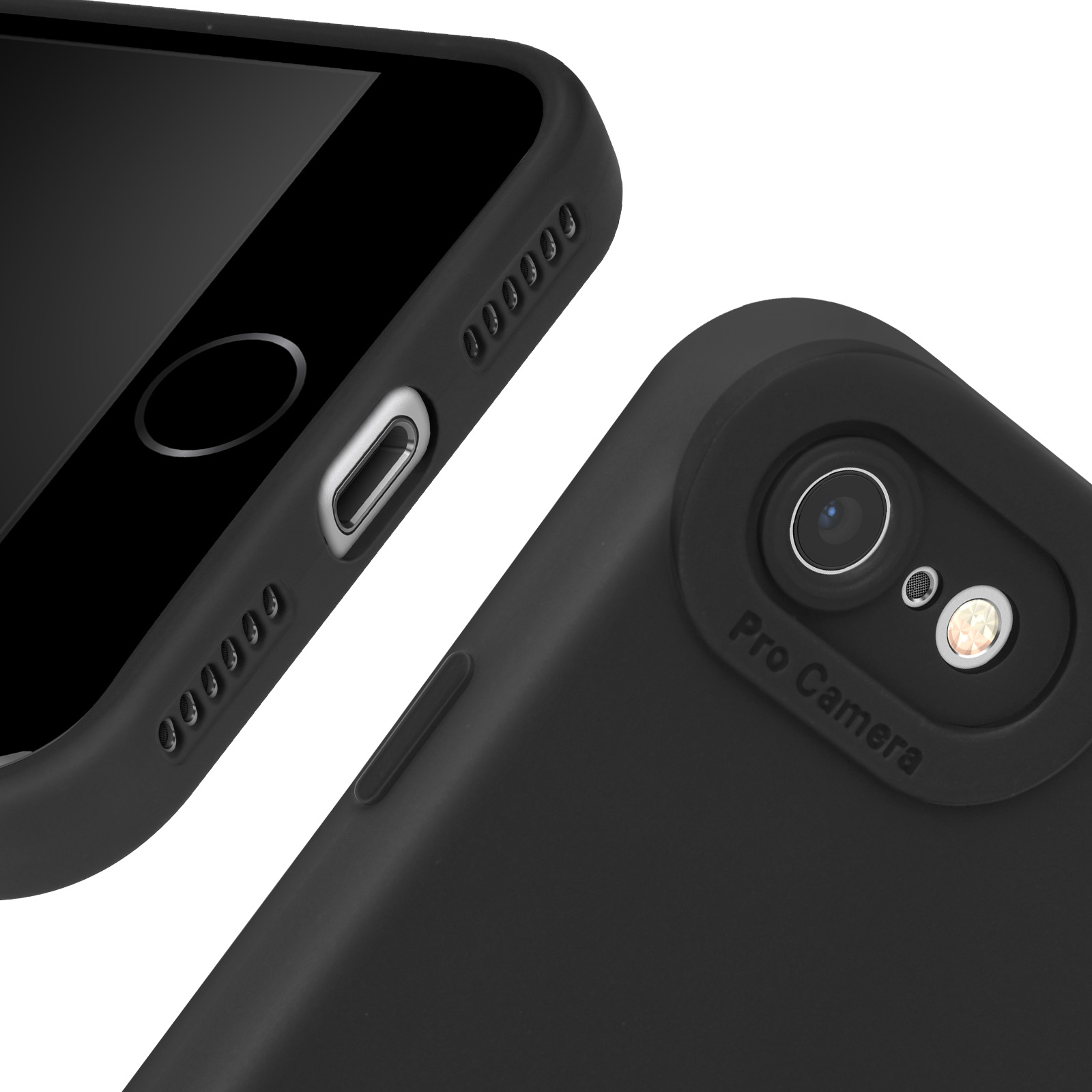 Coque iPhone noire avec détail de lentille de caméra, vue rapprochée.