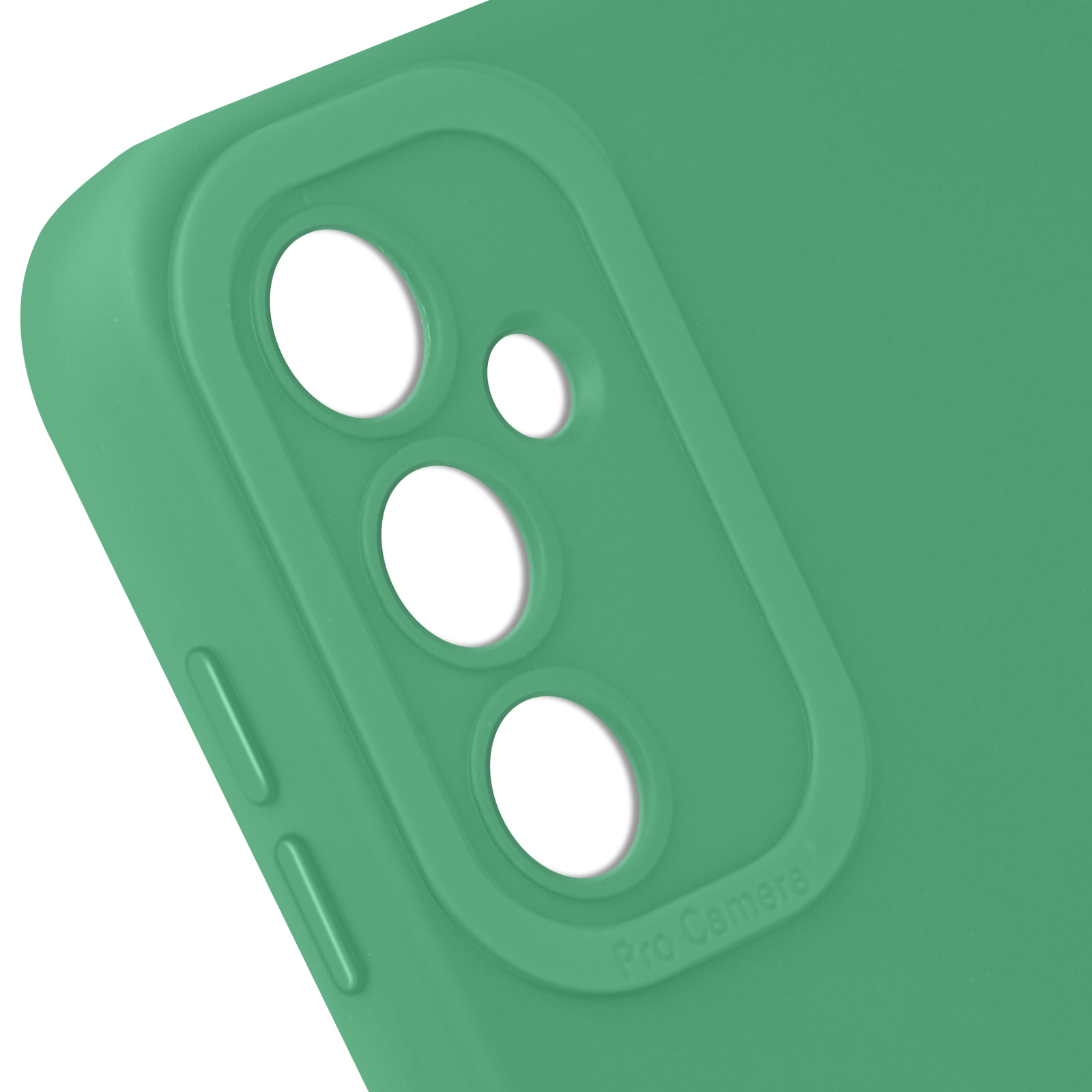 Primo piano di una custodia verde per telefono con tre fori per fotocamera e testo 'Pro Camera' su sfondo verde.