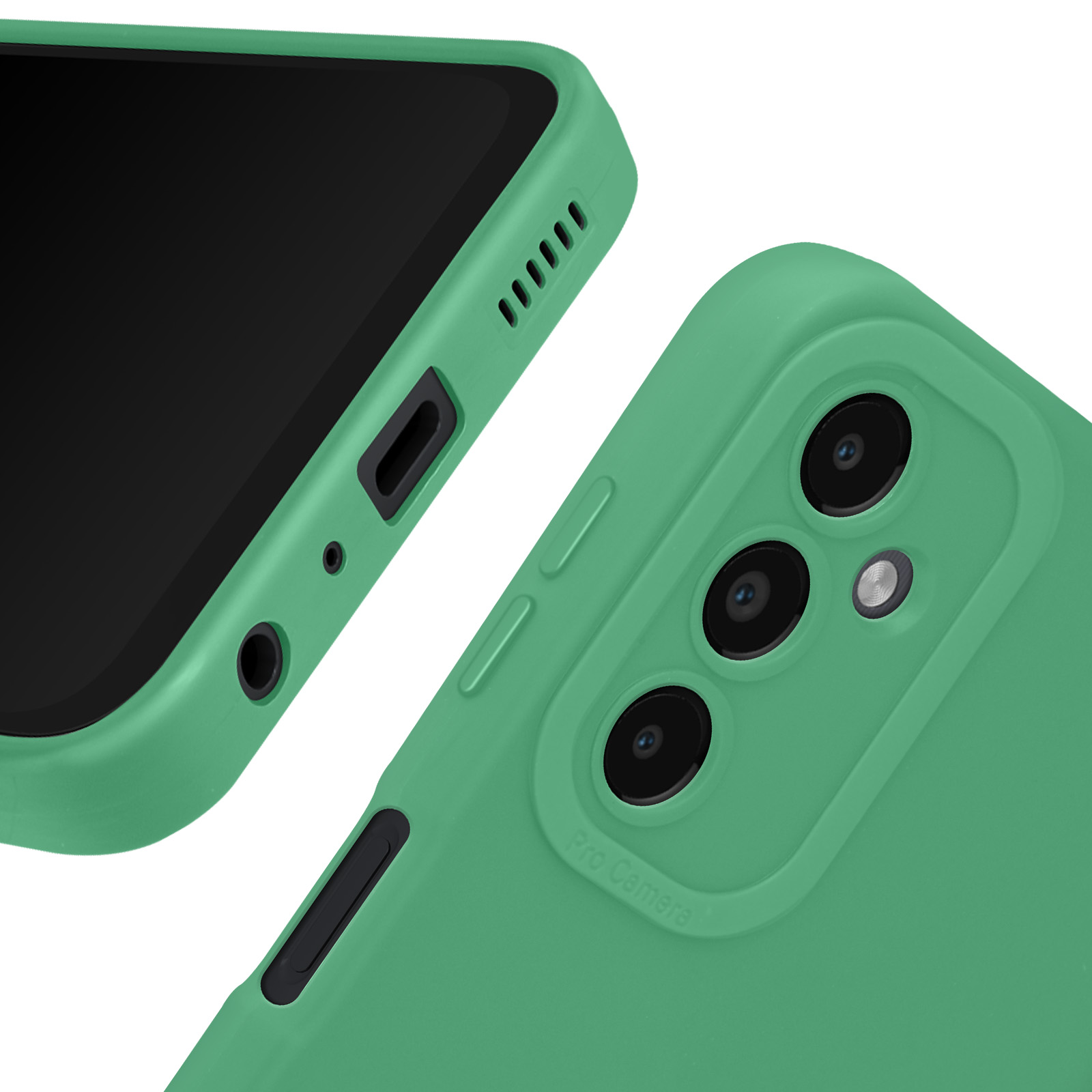 Primo piano di una custodia verde per telefono, che mostra il lato con i pulsanti e il retro con le lenti della fotocamera.