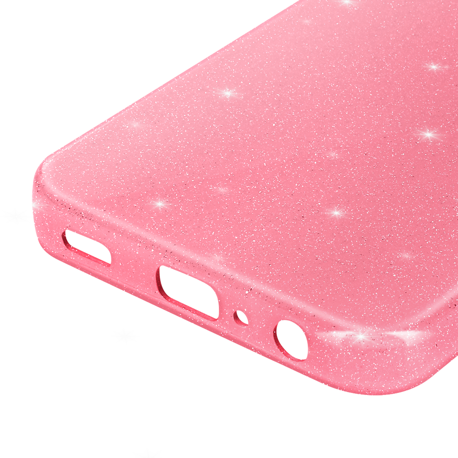 Un primo piano di una custodia per telefono rosa glitterata con fori per i pulsanti e la porta di ricarica.
