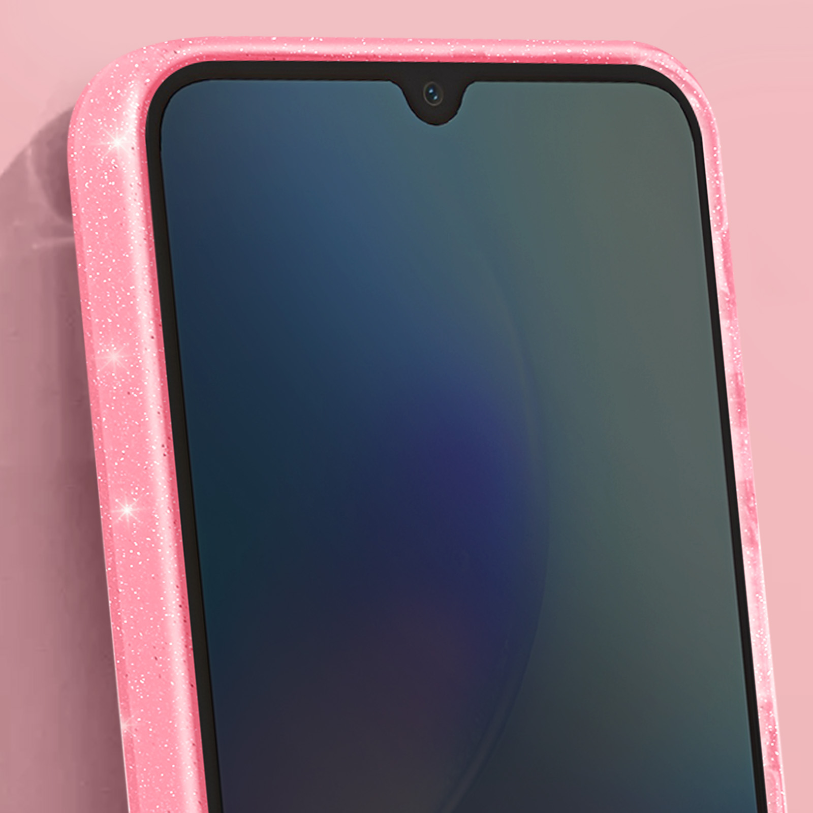 Un telefono rosa con schermo nero e una cornice rosa scintillante.