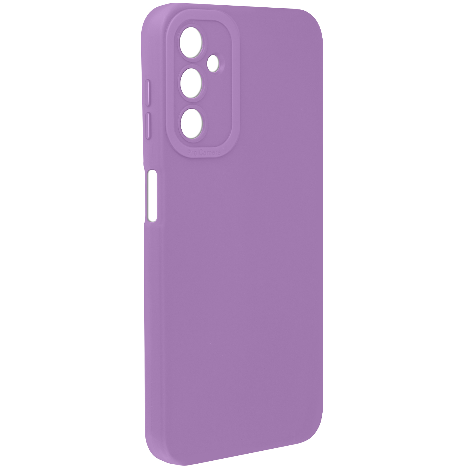 Una custodia viola per telefono con fori per la fotocamera. La custodia ha una finitura opaca.