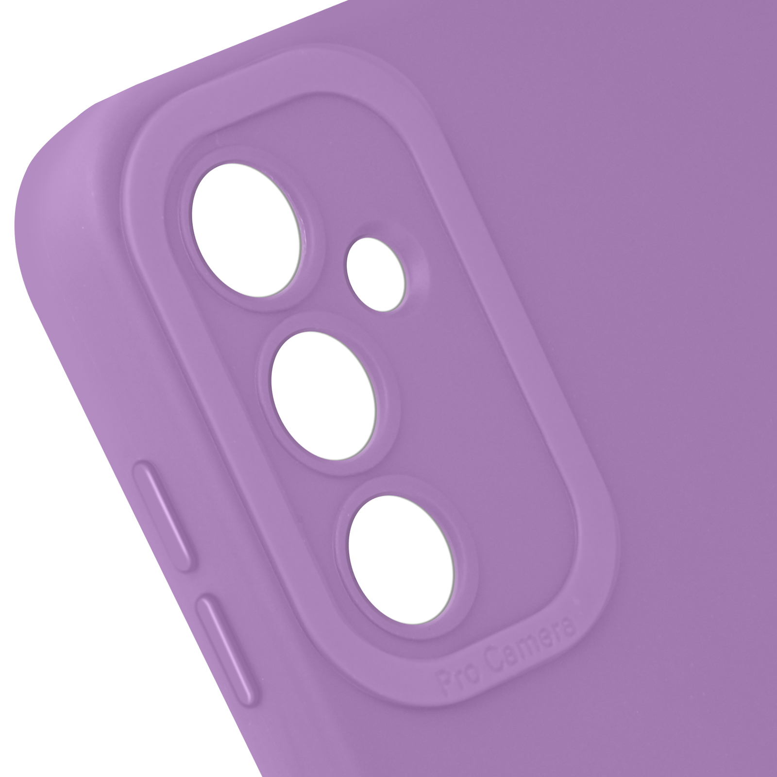 Primo piano di una custodia per telefono viola. Ha un ritaglio per la fotocamera con tre lenti e due pulsanti laterali.