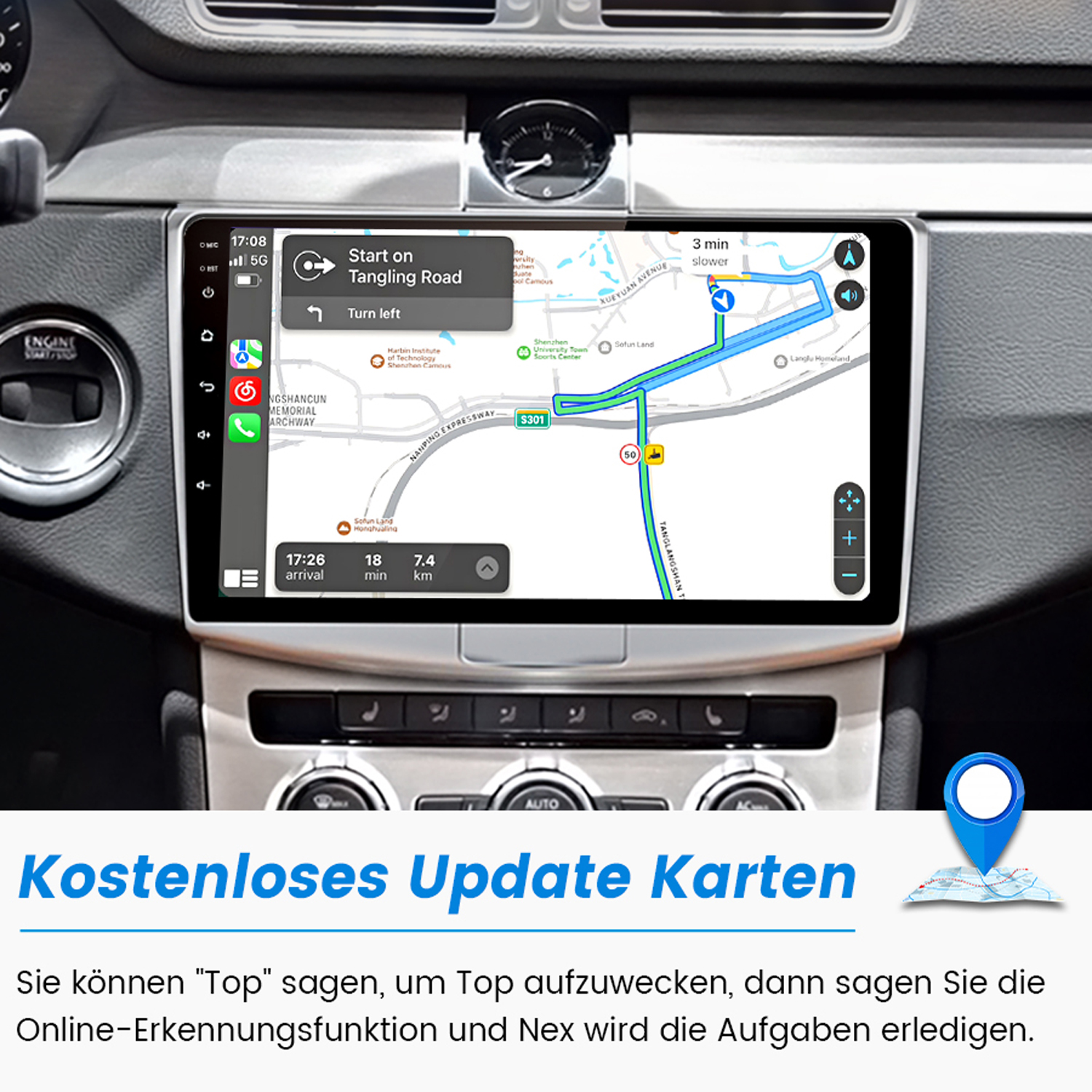 Auto-Dashboard mit Navigationsbildschirm, der eine Routenkarte anzeigt. Die Uhrzeit ist 17:08.