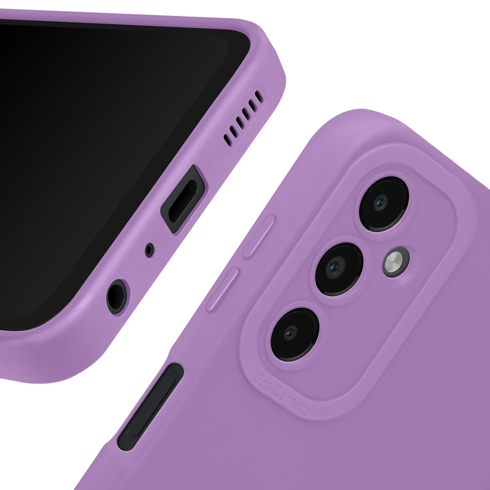 Custodia per telefono viola con ritagli per fotocamera e porte. Il telefono è all'interno della custodia.