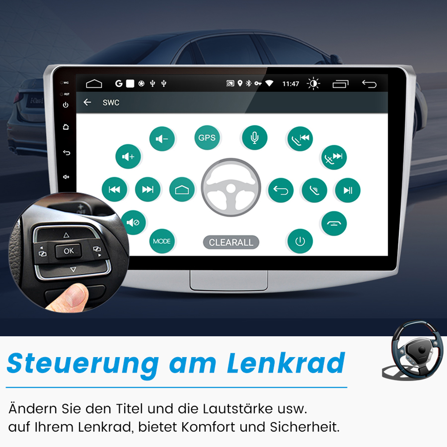 Auto-Infotainment-Bildschirm mit einer Benutzeroberfläche mit Tasten und einem Lenkradsymbol.