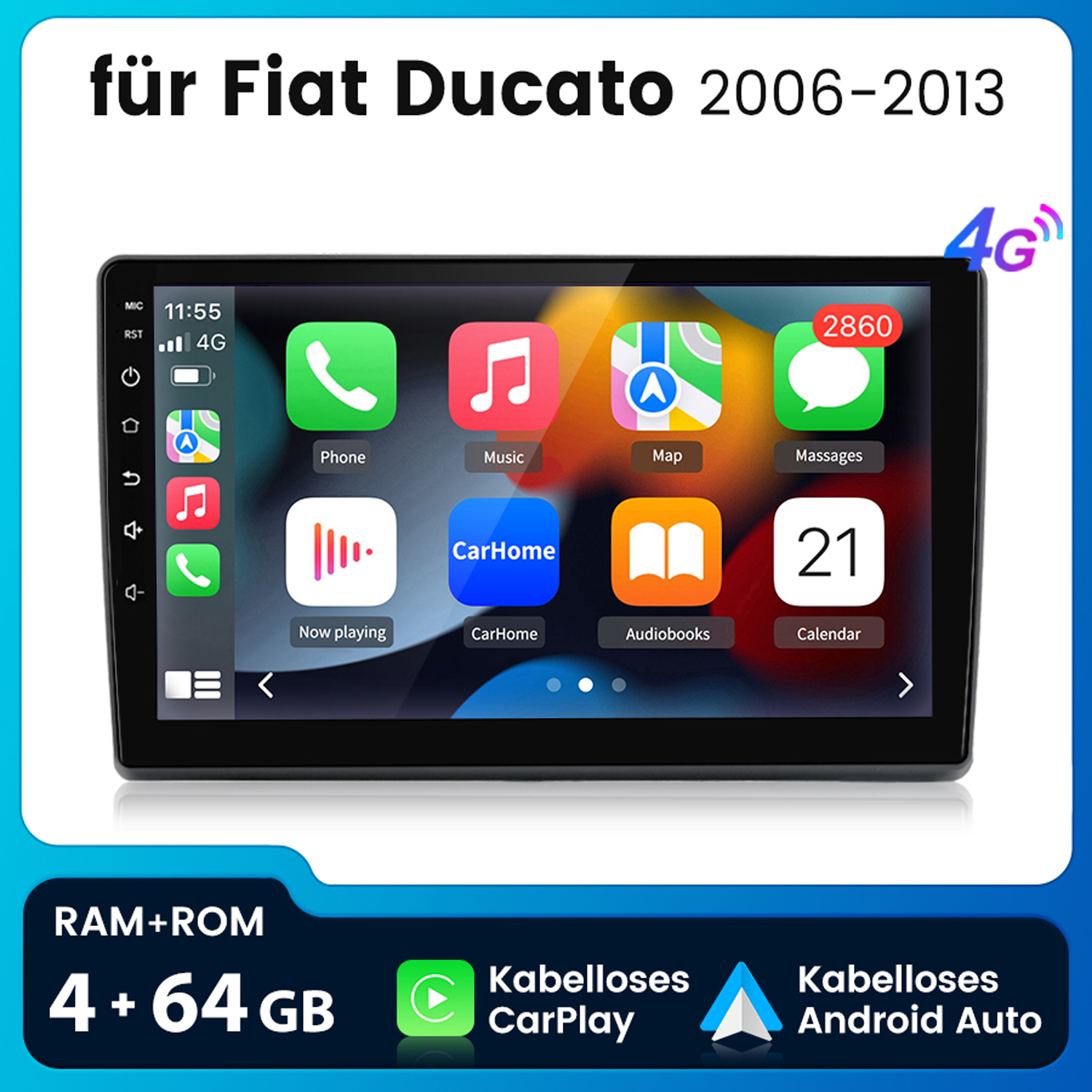 Ein Autoradiobildschirm, der eine Benutzeroberfläche mit App-Symbolen anzeigt, der Hintergrund ist schwarz.