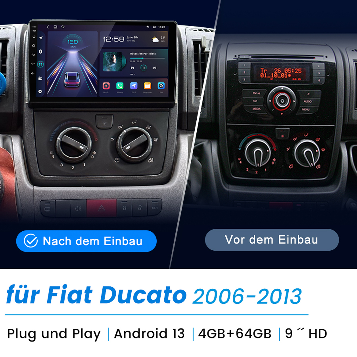 Autotafel mit Bildschirm, der Geschwindigkeit, Uhrzeit und Musiksteuerung anzeigt. Unten Text: für Fiat Ducato 2006-2013.