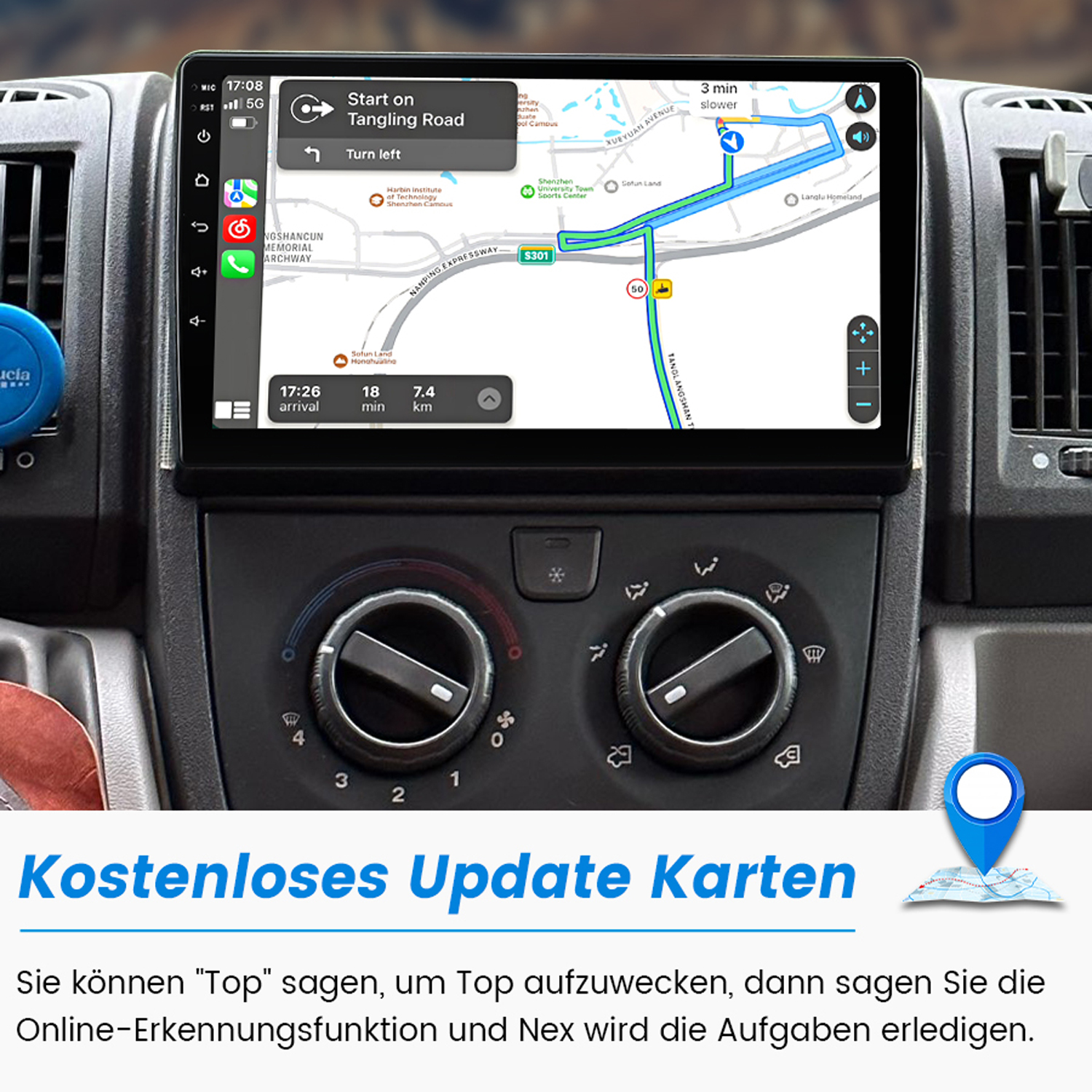 Auto-Dashboard mit Navigationsbildschirm und Routenkarte.