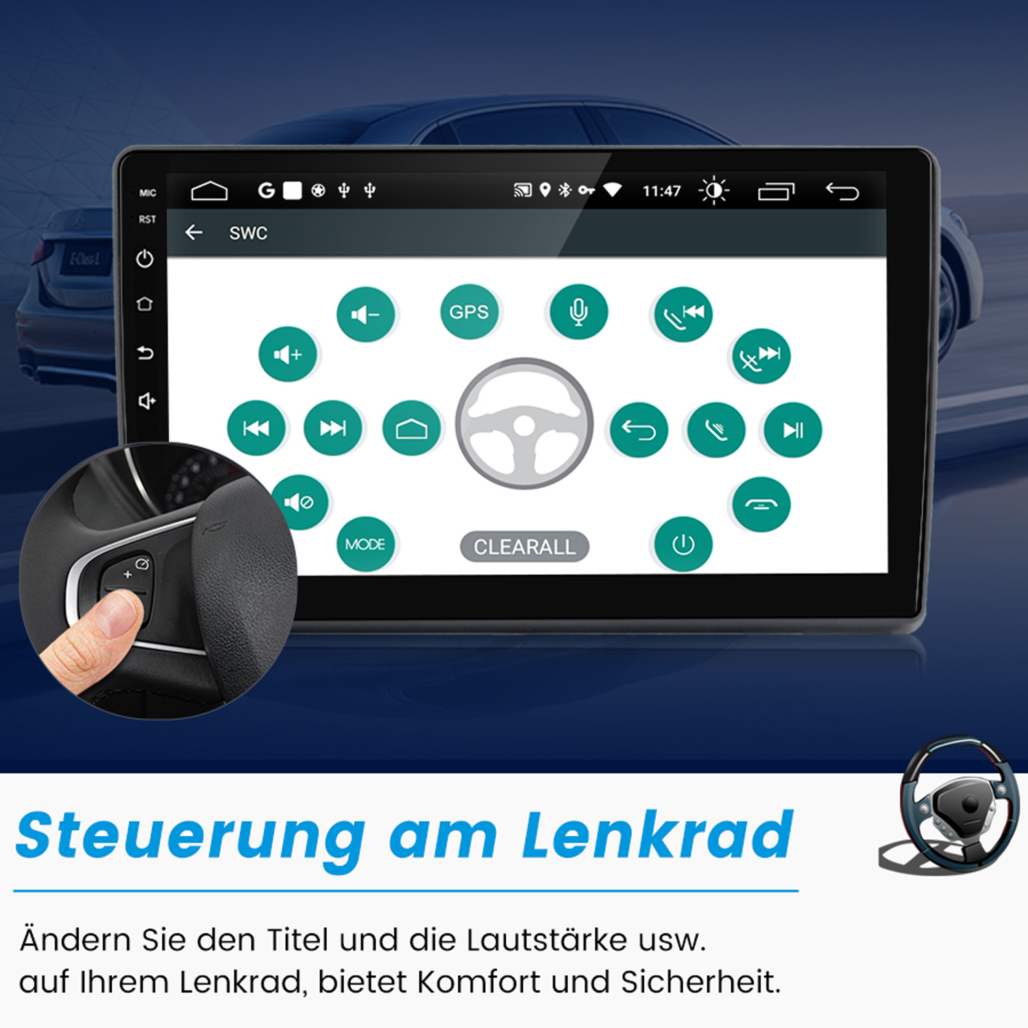 Auto-Multimedia-Bildschirm mit Lenkrad und Knöpfen. Der Hintergrund zeigt ein Auto.