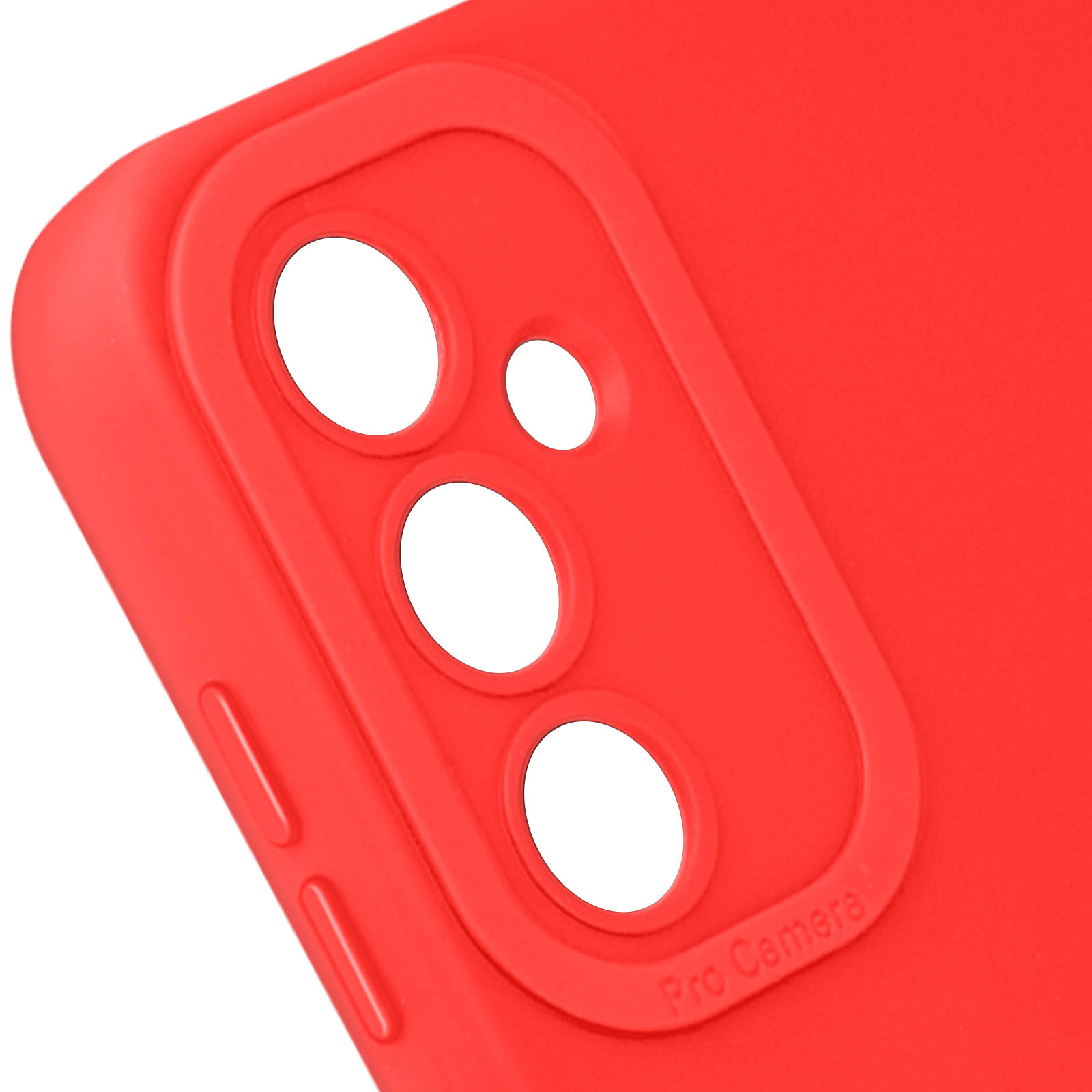Una custodia per telefono rossa con tre fori per la fotocamera, su sfondo bianco. La custodia è liscia e lucida.