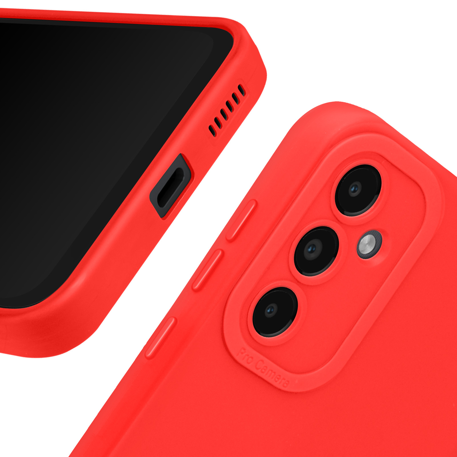 Primo piano di una custodia rossa, che evidenzia la fotocamera e il lato del telefono con i pulsanti.