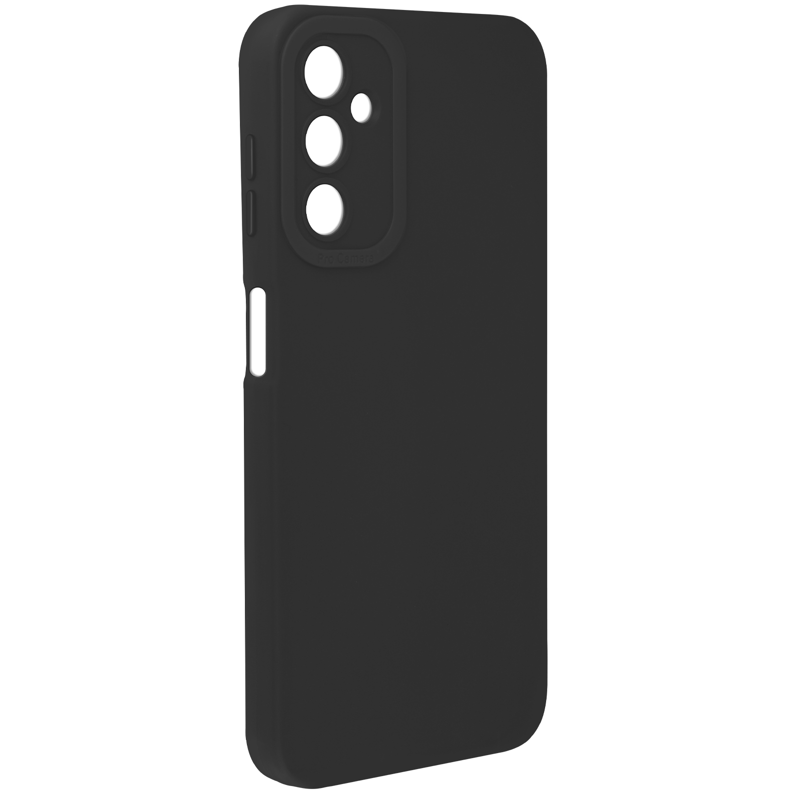 Custodia per telefono nera, vista posteriore. Tre fori per fotocamera. Sfondo bianco.