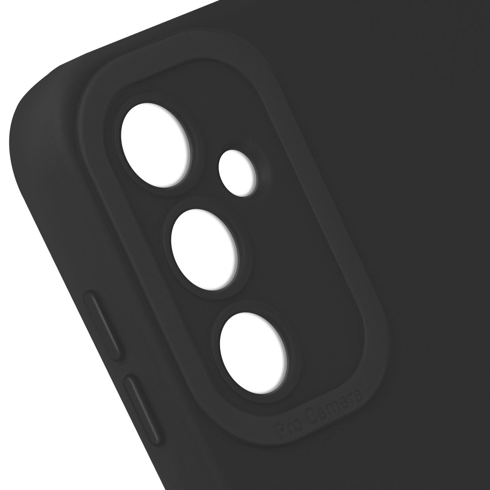 Custodia per telefono nera con ritagli per la fotocamera. Sfondo bianco.