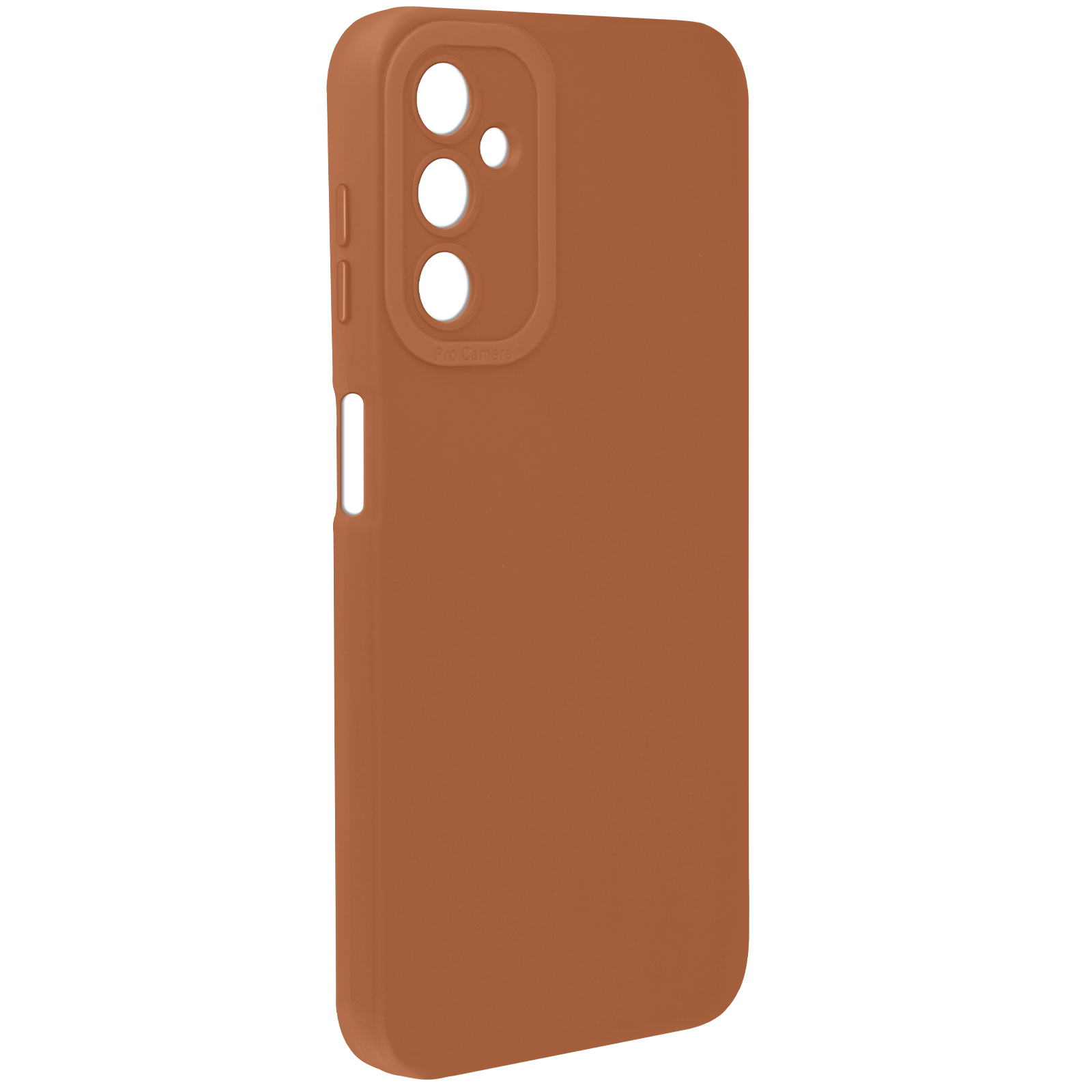Custodia per telefono marrone con tre ritagli per fotocamera.