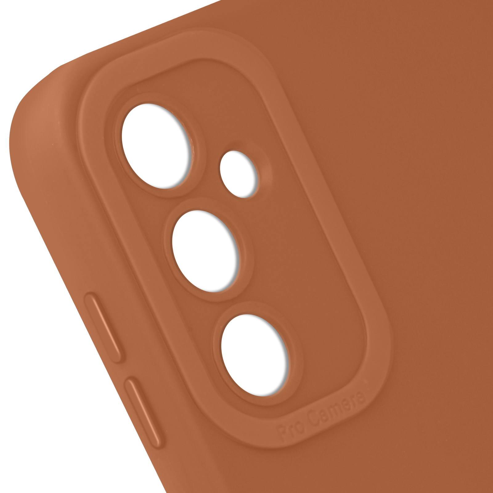 Primo piano di una custodia marrone per telefono con fori per la fotocamera. Tre fori bianchi per la fotocamera.