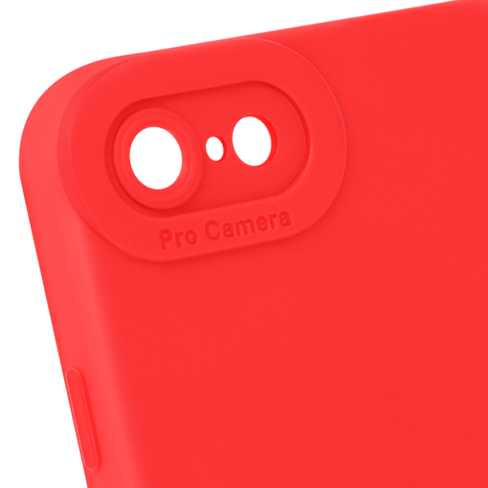 Primo piano di una custodia per tablet rossa che mostra l'area della fotocamera con le parole 'Pro Camera'.