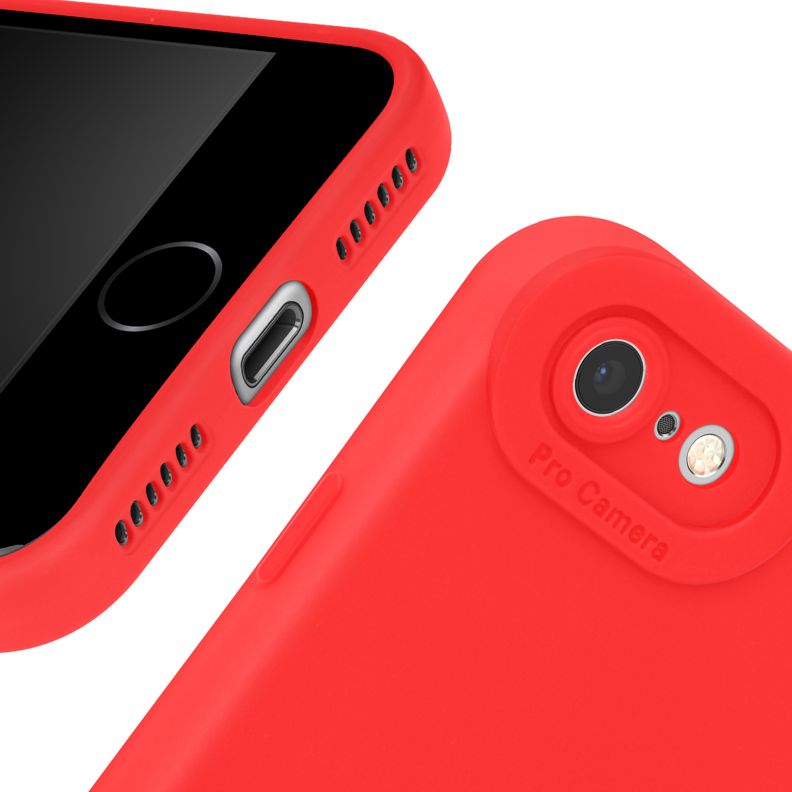 Una custodia rossa per telefono mostra la fotocamera e i pulsanti.