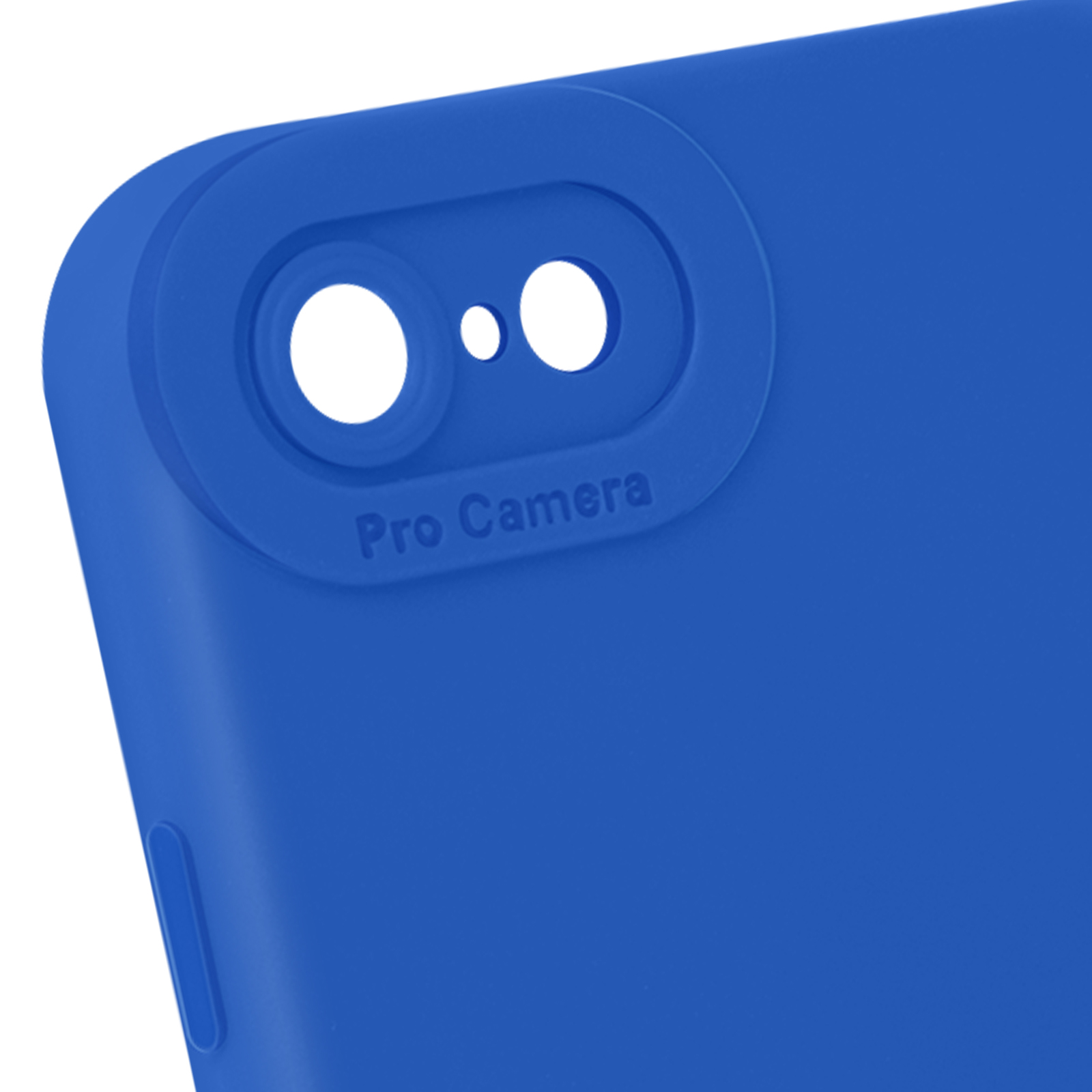 Een blauwe telefoonhoes met de tekst Pro Camera rond het cameralgat.