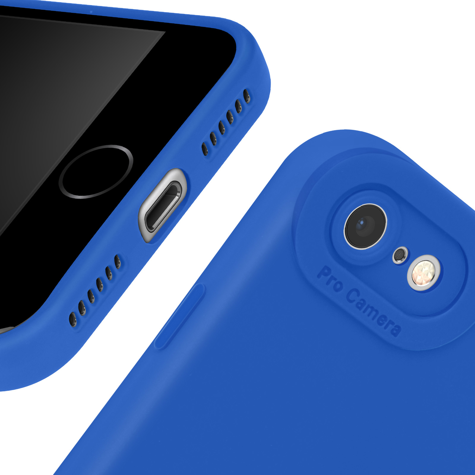 Blauwe telefoonhoes, bedekt gedeeltelijk een telefoon. Cameralens zichtbaar.