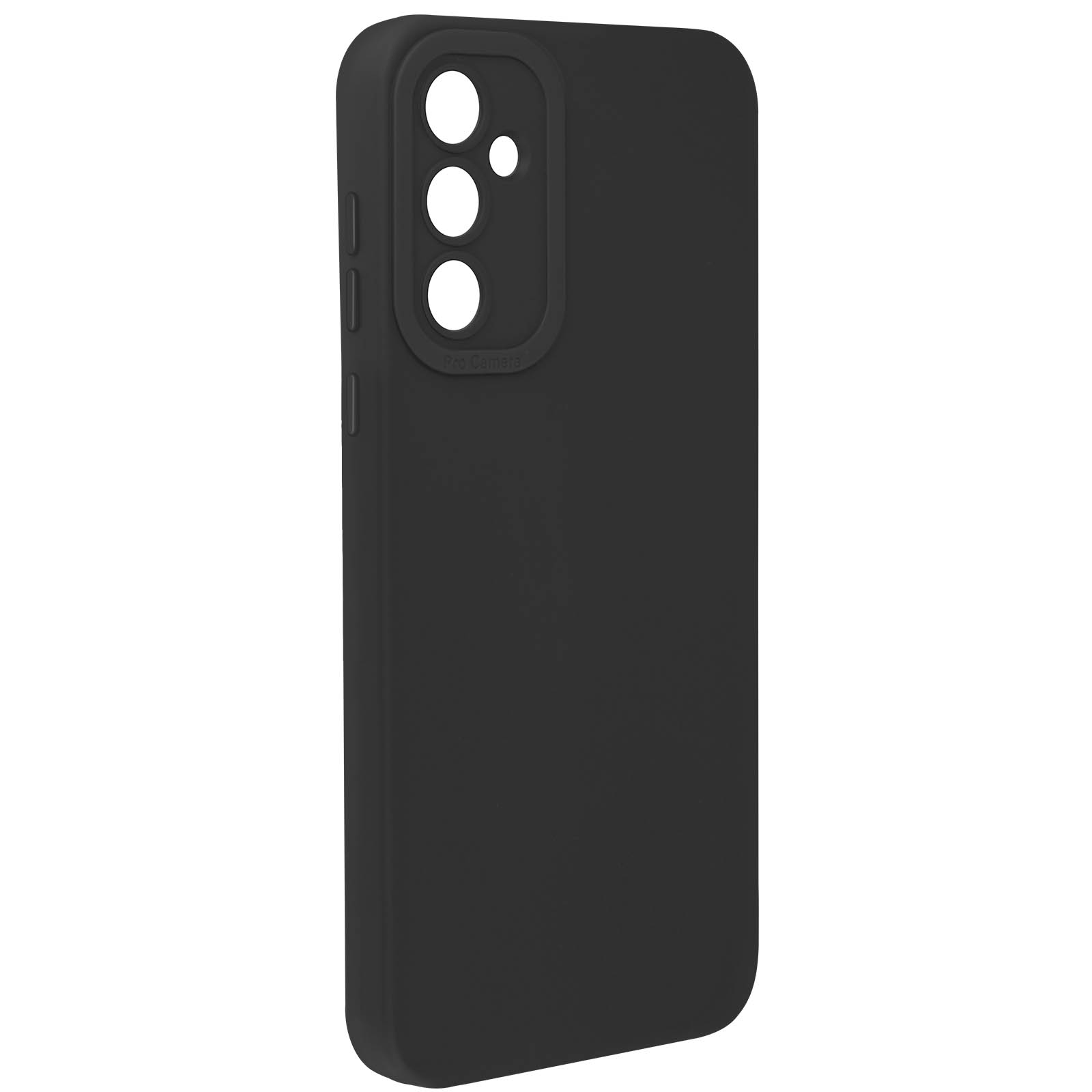 Custodia per telefono nera. È una custodia opaca liscia con ritagli per fotocamera e pulsanti. Sfondo bianco.