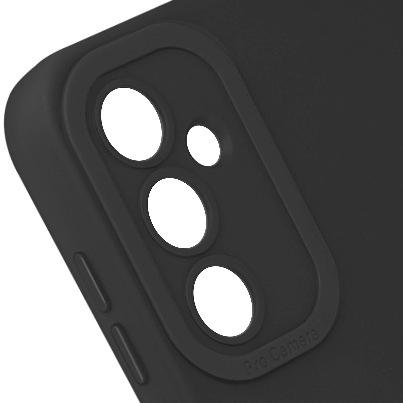 Una custodia nera per telefono con tre fori per la fotocamera. Primo piano della custodia.