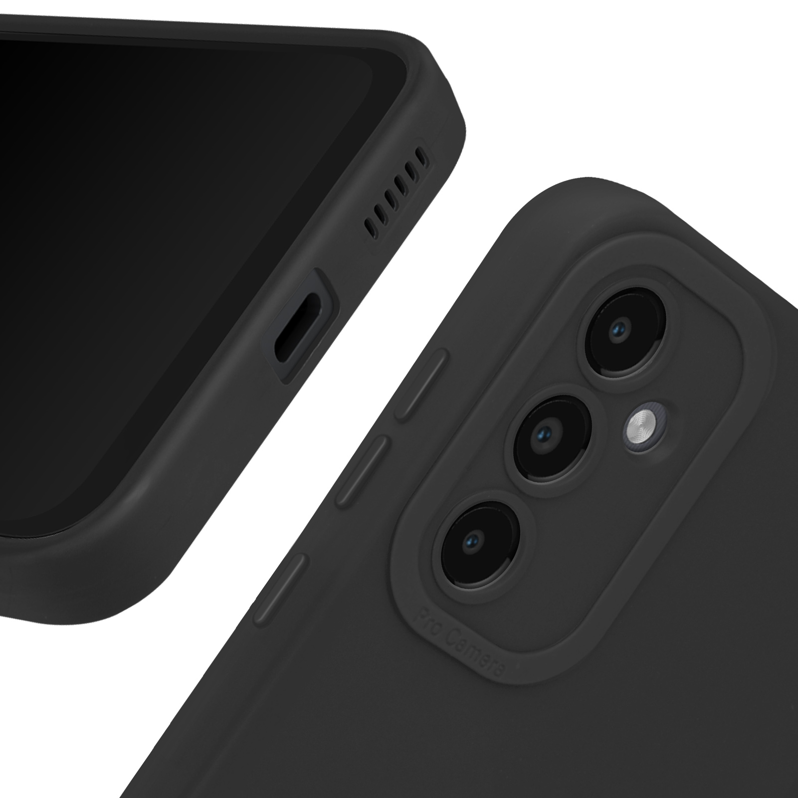 Due custodie nere per telefono, una mostra il lato con i pulsanti e l'altra la fotocamera.