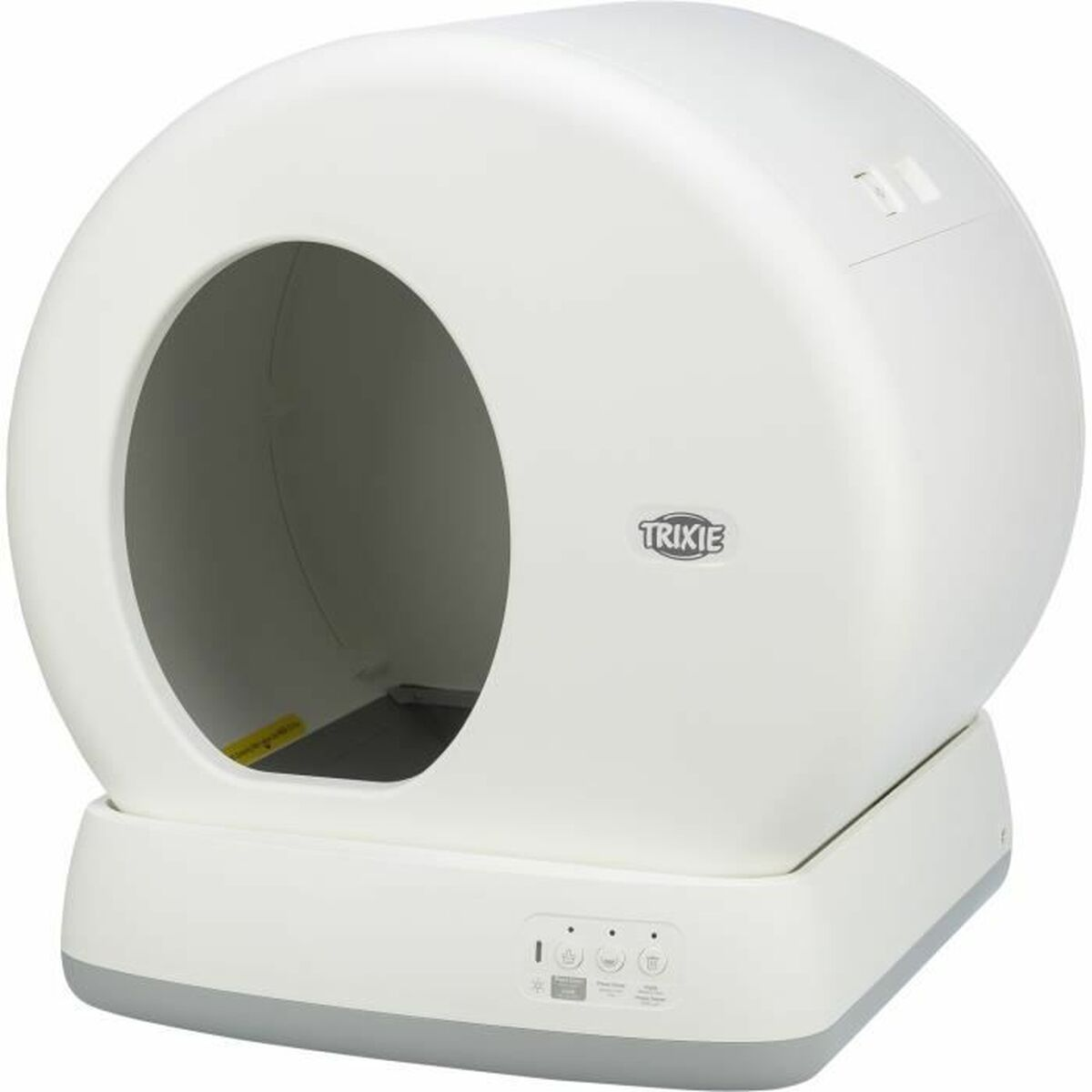 Weiße, kuppelförmige Katzentoilette mit rundem Eingang.