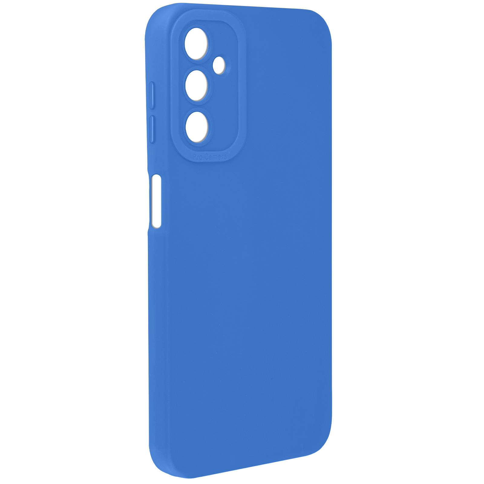Custodia per telefono blu. Tre fori per fotocamera. Sfondo bianco.