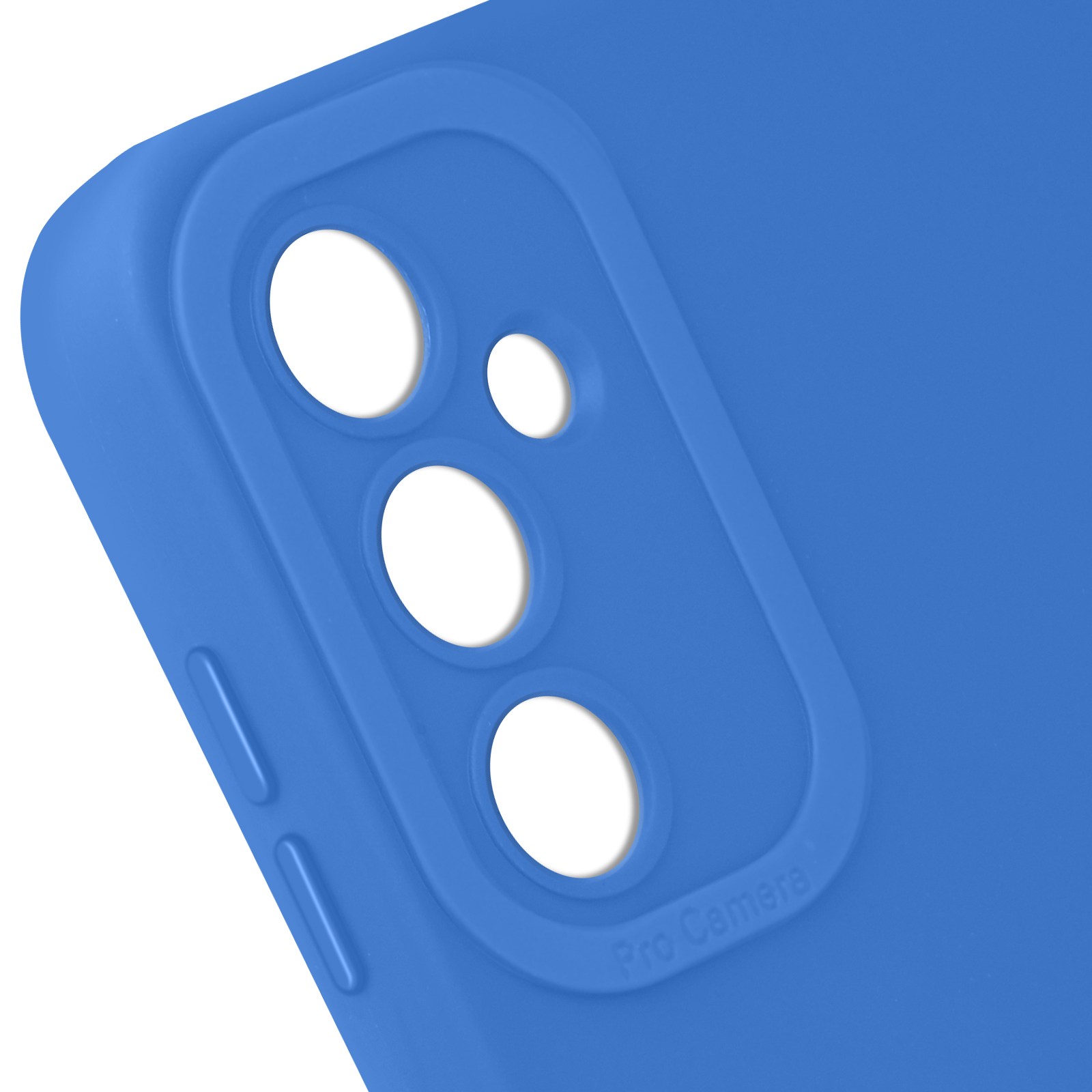 Primo piano di una custodia blu per telefono con ritagli per la fotocamera.