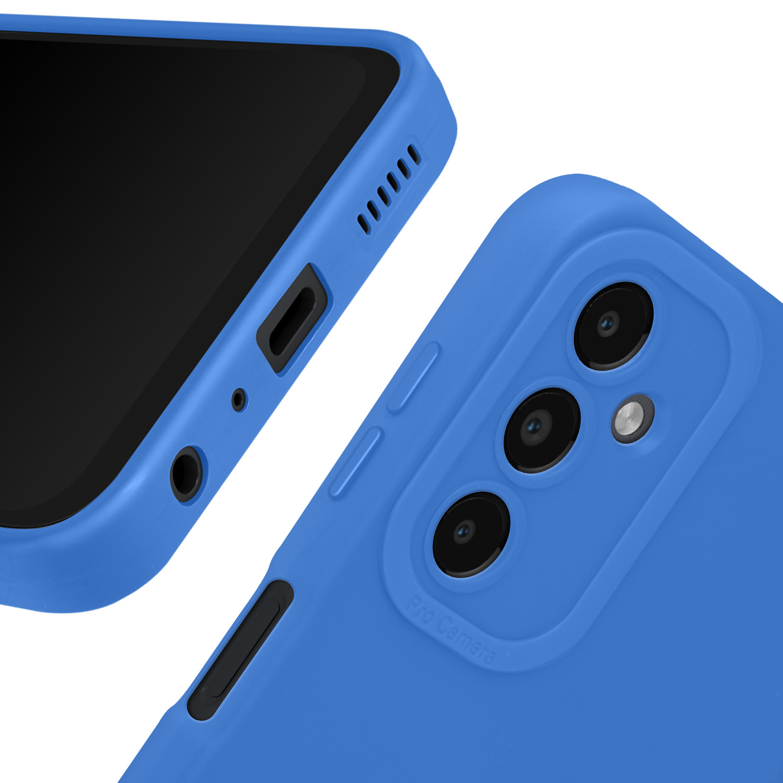 Custodia per telefono blu con ritagli per fotocamera e porte. Schermo del telefono nero. Sfondo bianco.