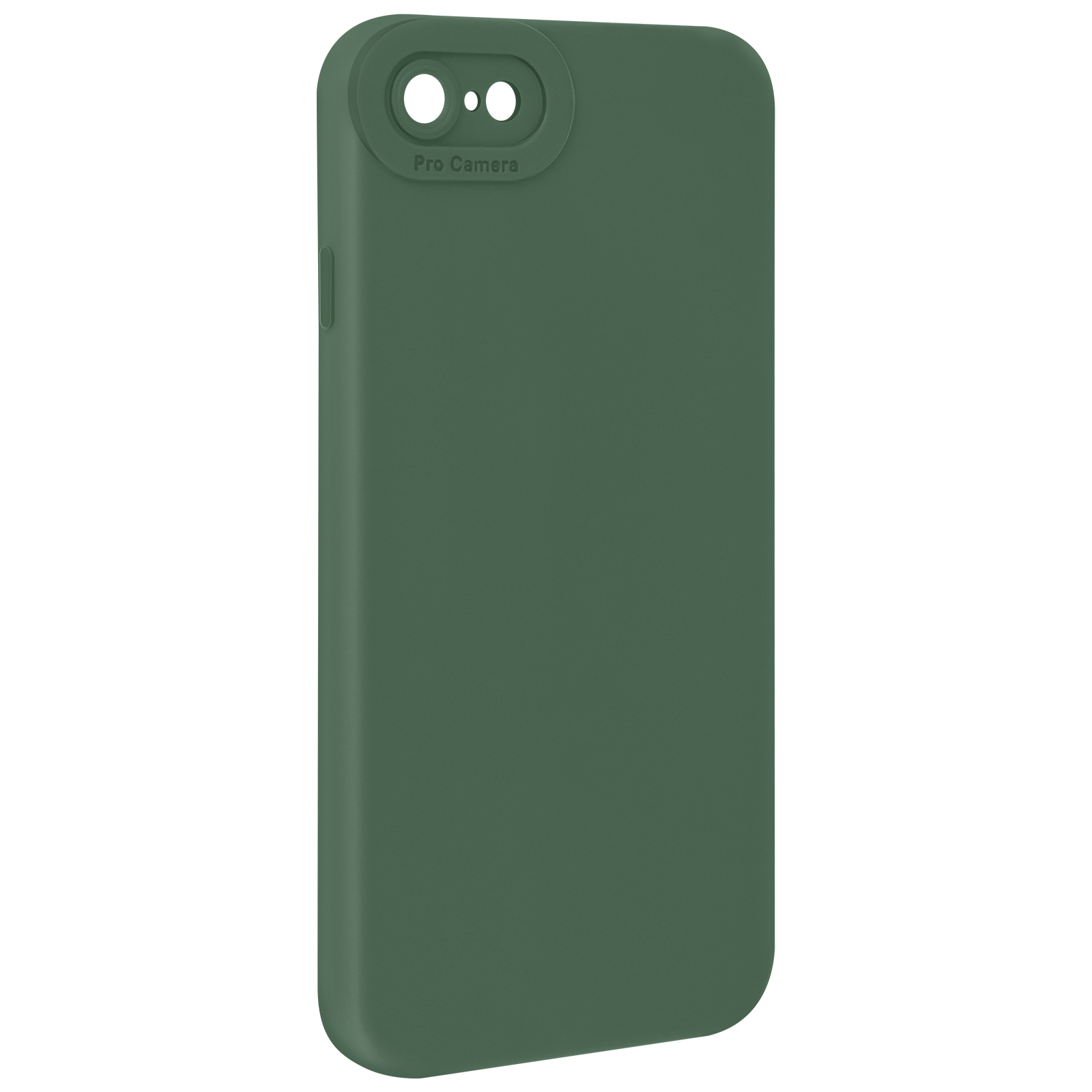 Una custodia per telefono verde con un ritaglio Pro Camera è su una superficie bianca.