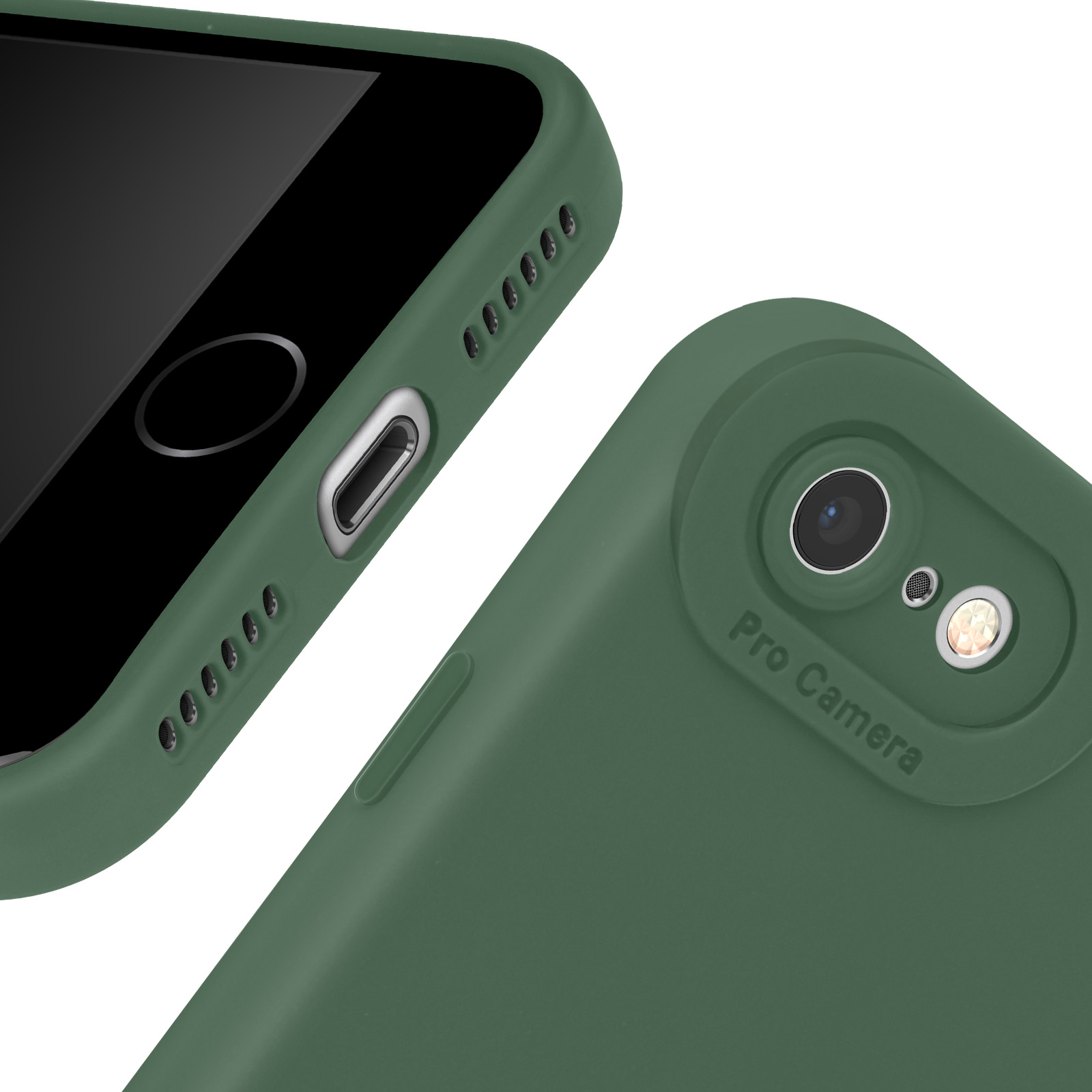 Una custodia per telefono è verde. La custodia è su un telefono. Le lenti della fotocamera sono visibili.