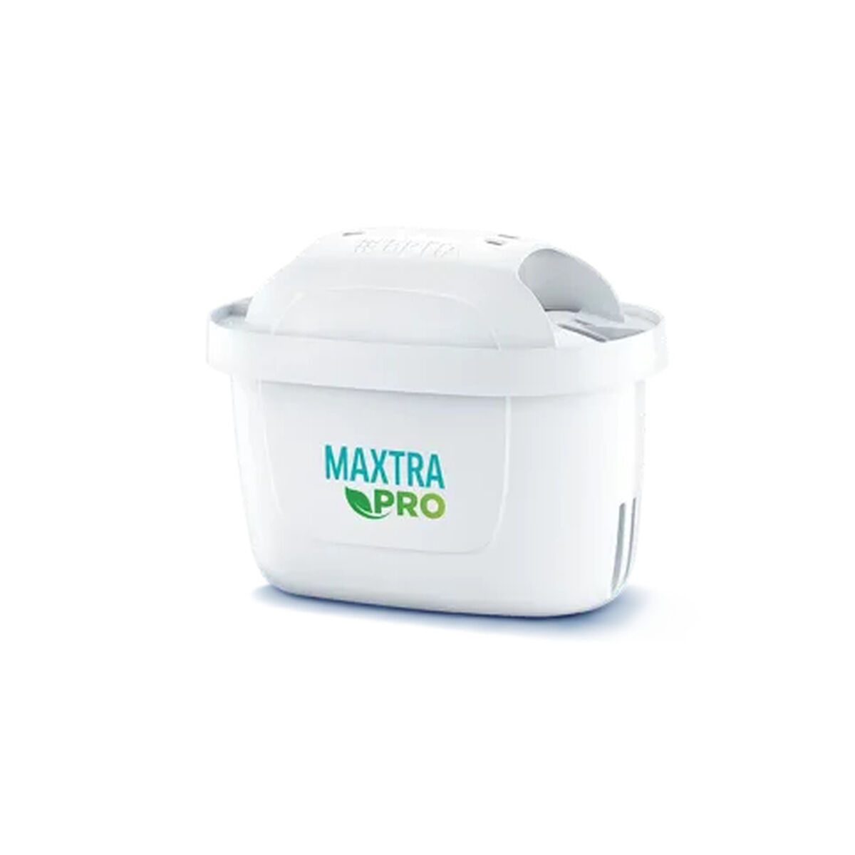 Filtro dell'acqua bianco con logo verde 'Maxtra Pro'. La parte superiore ha un'apertura.