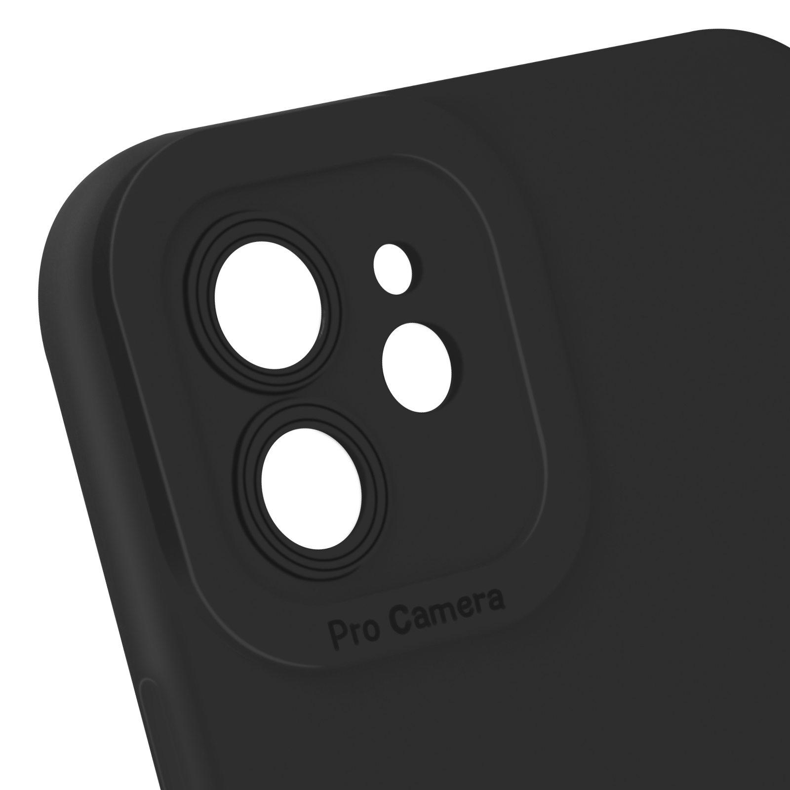 Custodia nera per telefono con ritagli per la fotocamera. Le parole 'Pro Camera' sono visibili.