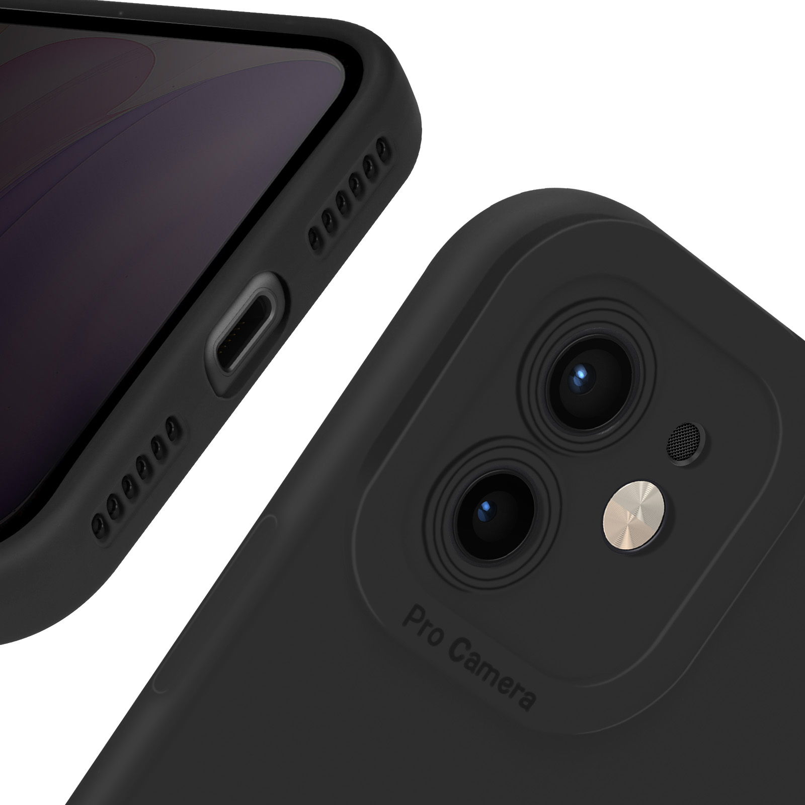 Custodia nera per iPhone con dettaglio della lente della fotocamera, vista ravvicinata.