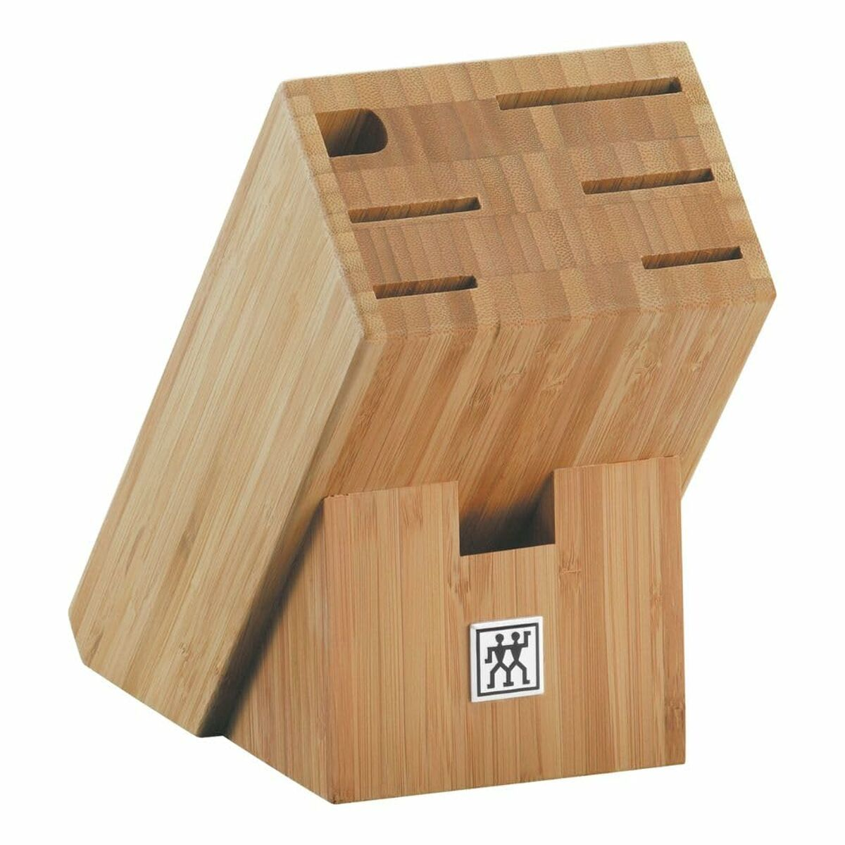 Messerblock aus Bambus. Er hat mehrere Schlitze für Messer und das Zwilling-Logo.