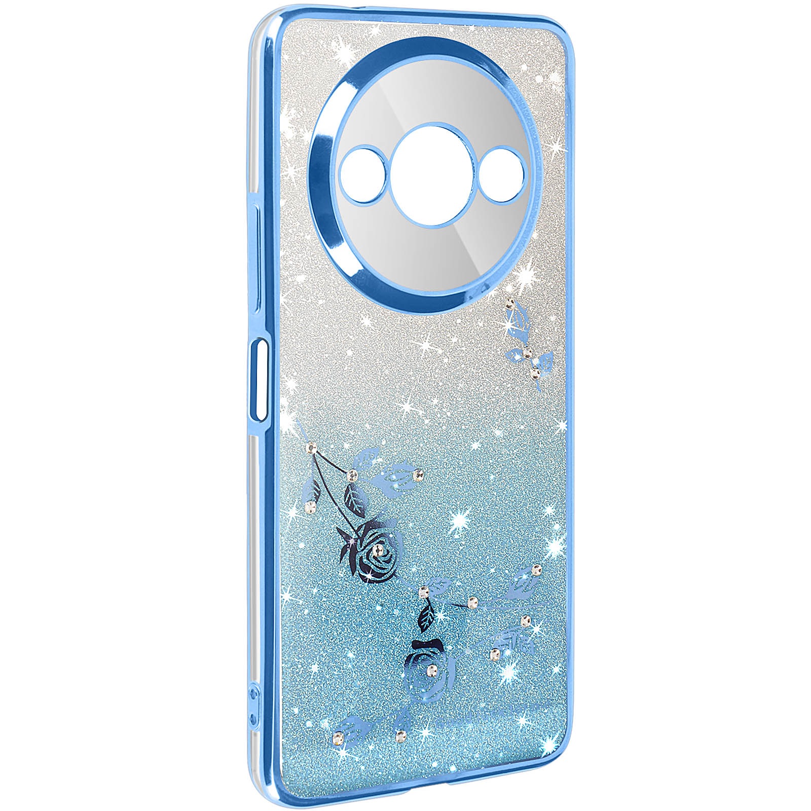 Custodia per telefono glitterata blu con fiori e cerchi, su sfondo bianco.