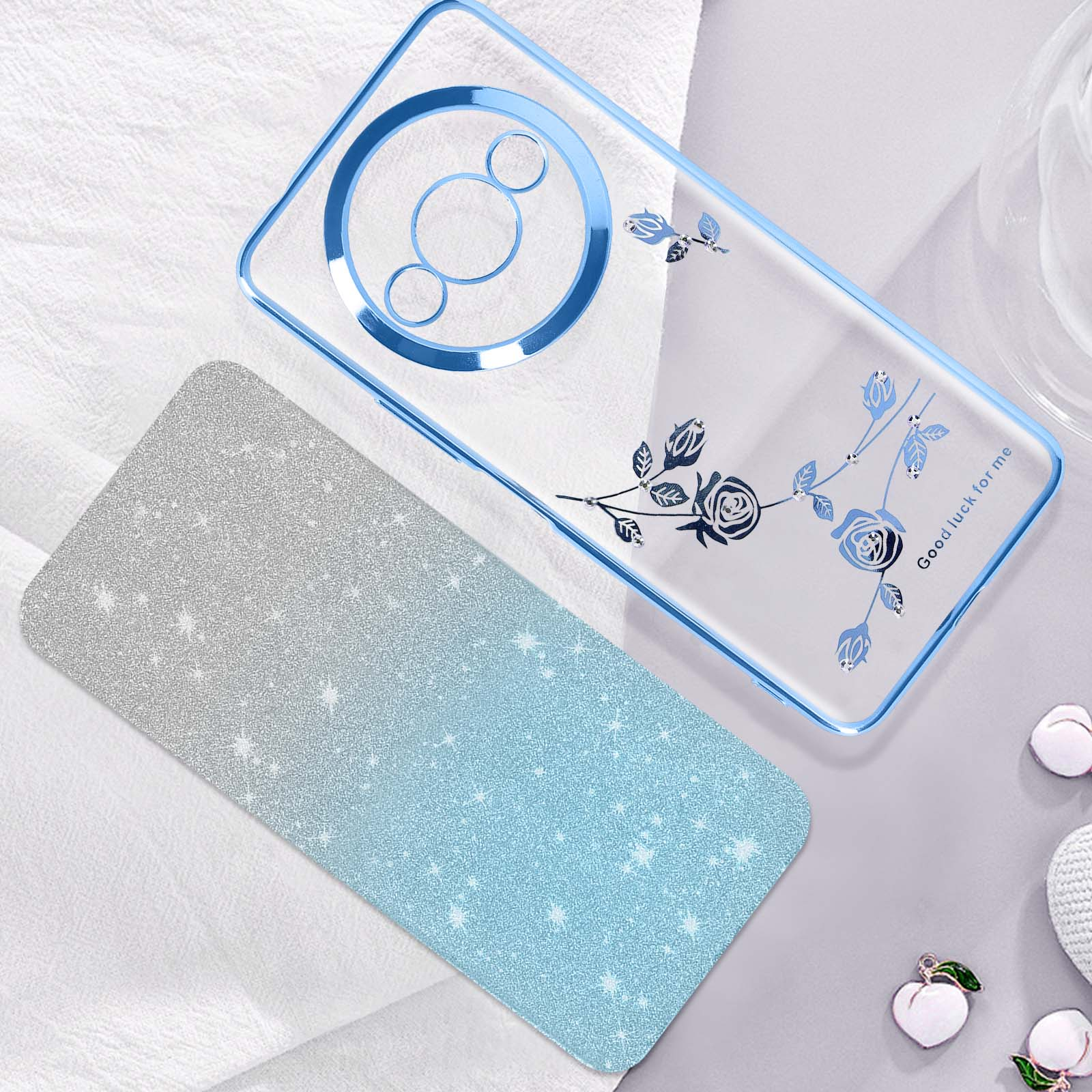 Custodia trasparente per telefono con bordi blu, rosa e superficie glitterata.