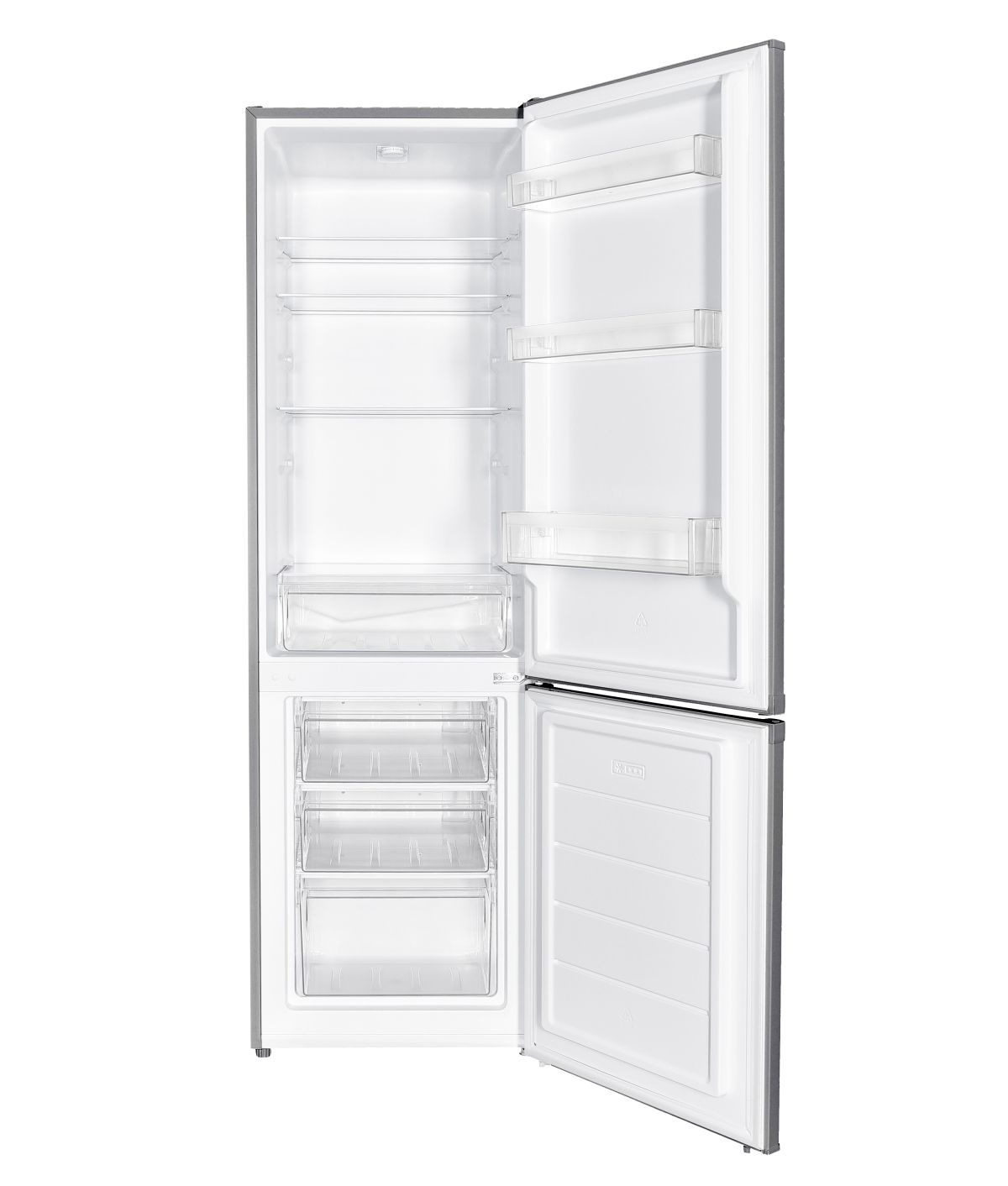 Ein Kühlschrank mit geöffneter Gefriertür, die Regale, Schubladen und das Innere freigibt.