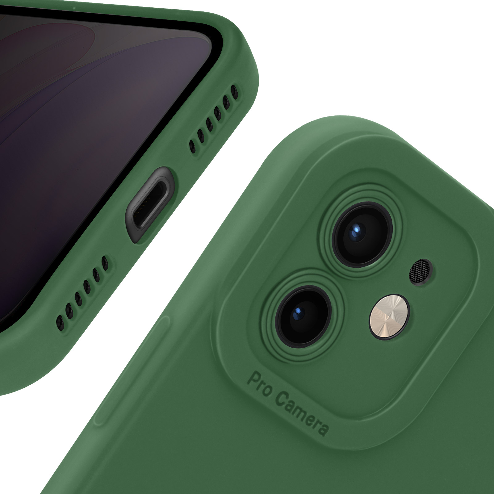 Primo piano di una custodia verde per telefono con dettagli della fotocamera e dell'altoparlante.