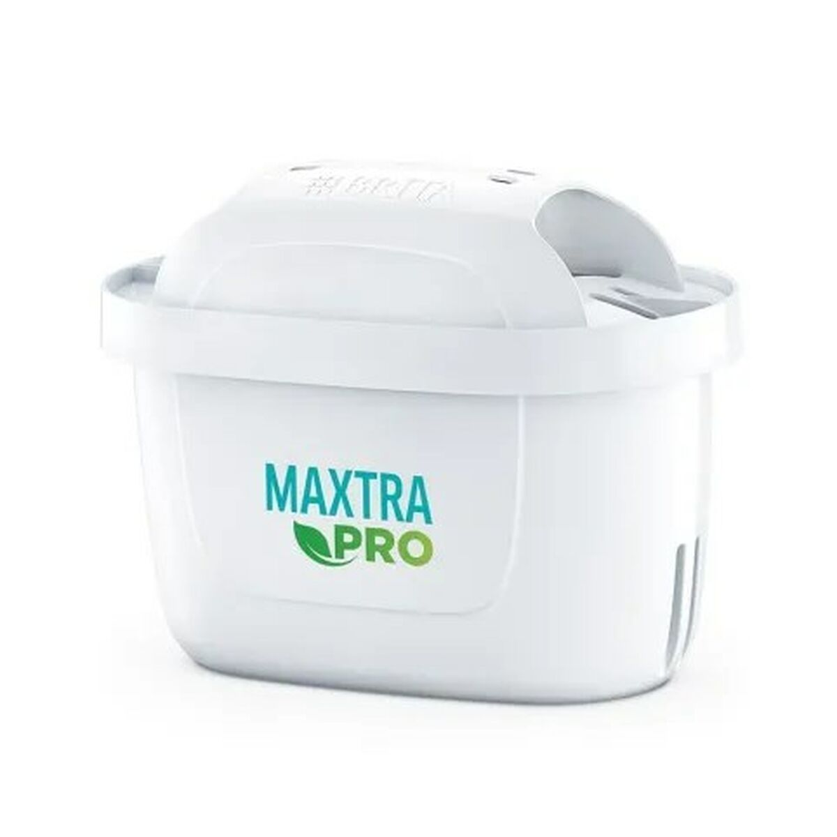 Filtro dell'acqua bianco. Ha un'etichetta verde e bianca. Lo sfondo è bianco.