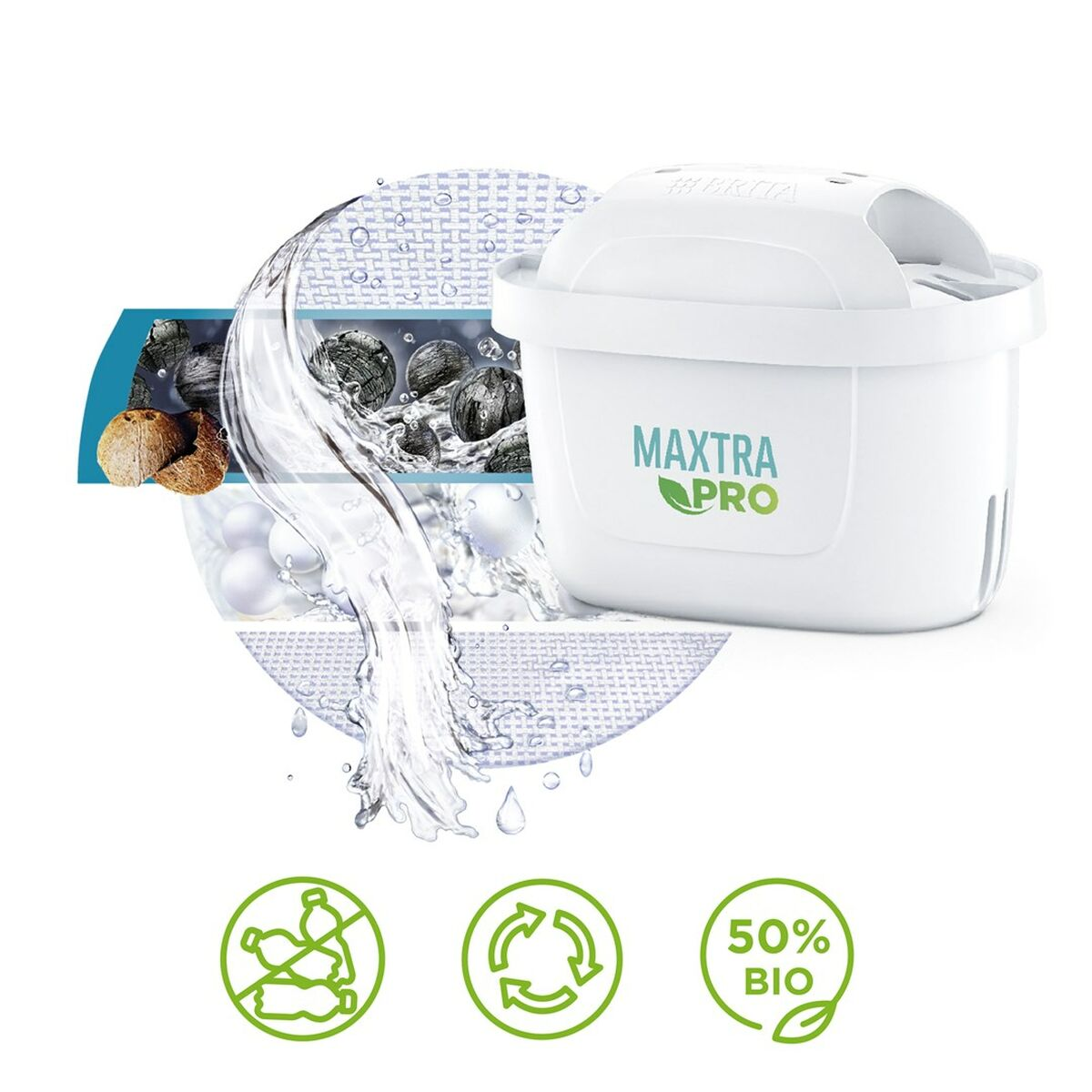 Weißer Wasserfilter mit Maxtra Pro Logo. Wasser fließt durch Filter und Holzkohle. Bio-Label.