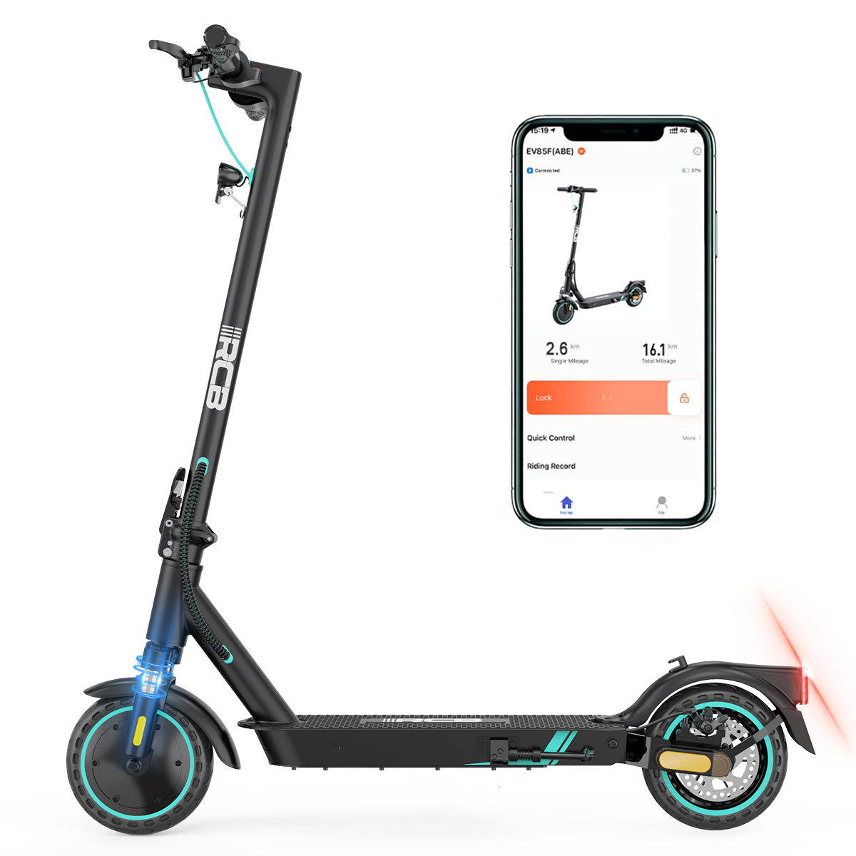 Schwarzer Elektroroller mit App-Anzeige, die Kilometerstand und Rollerdetails zeigt, weißer Hintergrund.