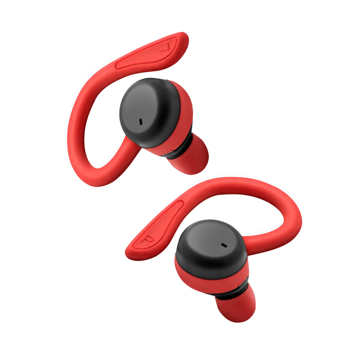 Cuffie auricolari rosse e nere con ganci per le orecchie. Sfondo bianco.